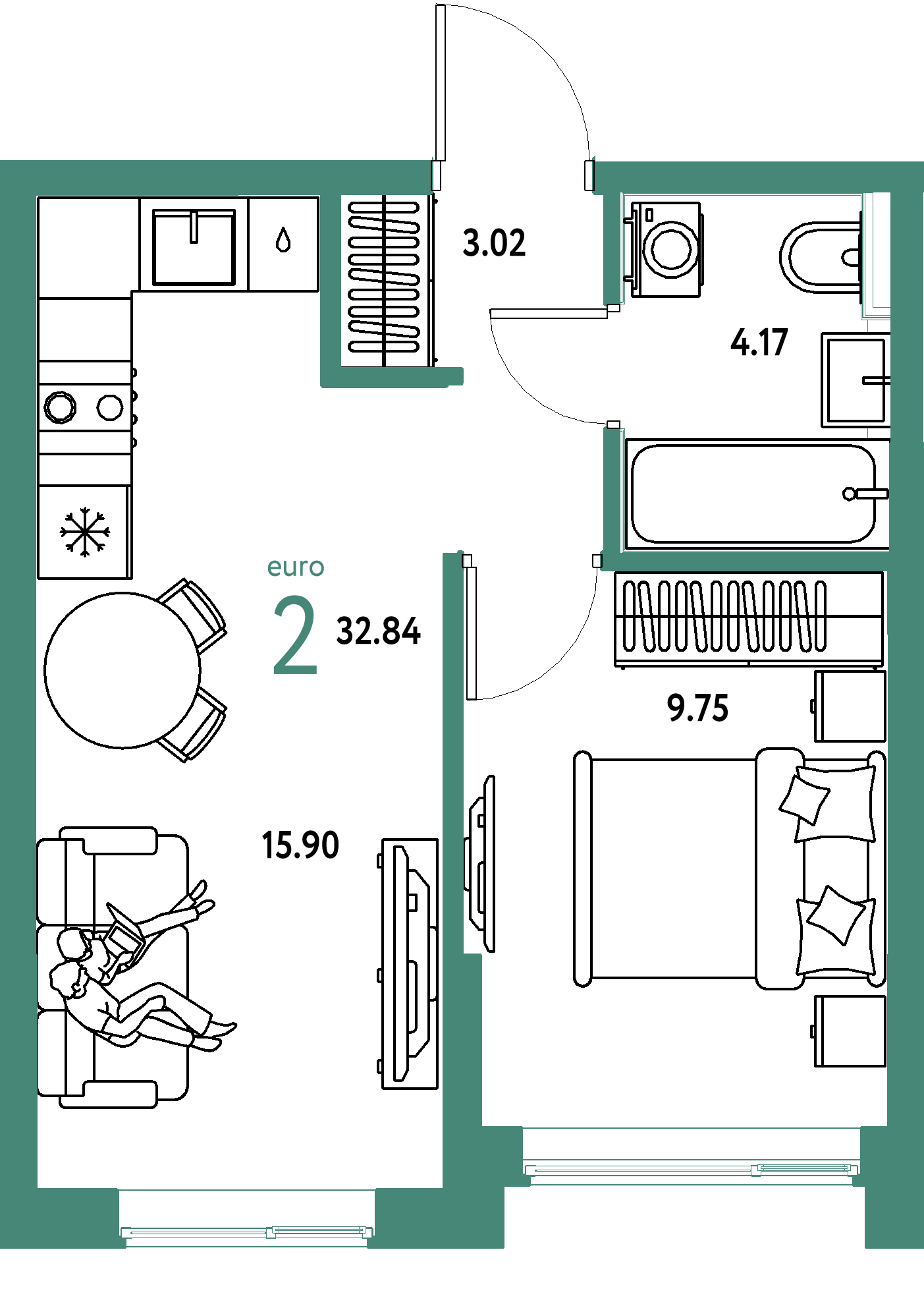 ЖК "Остров-сад"-2-комнатная 32.84 м²