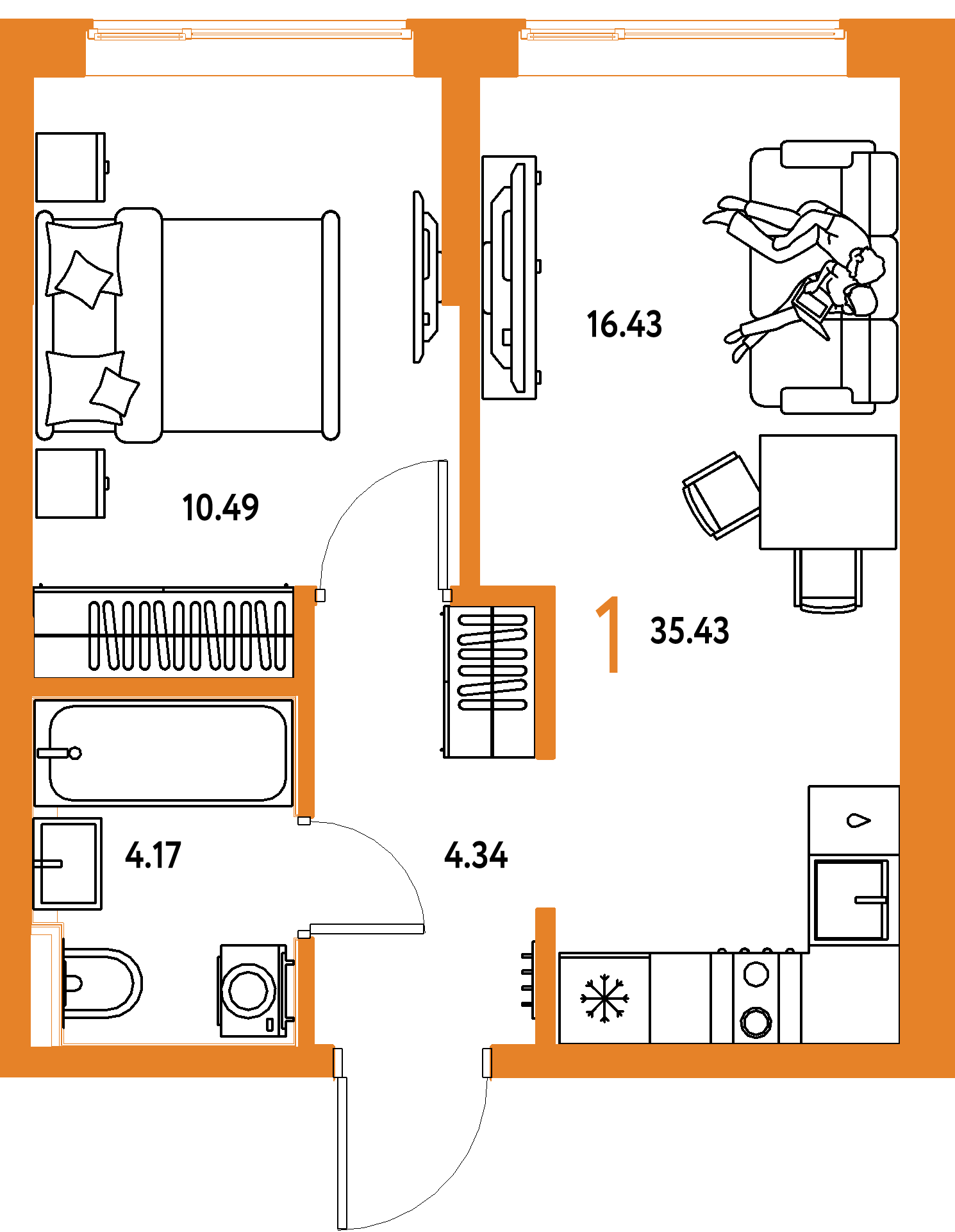 ЖК "Остров-сад"-1-комнатная 35.43 м²