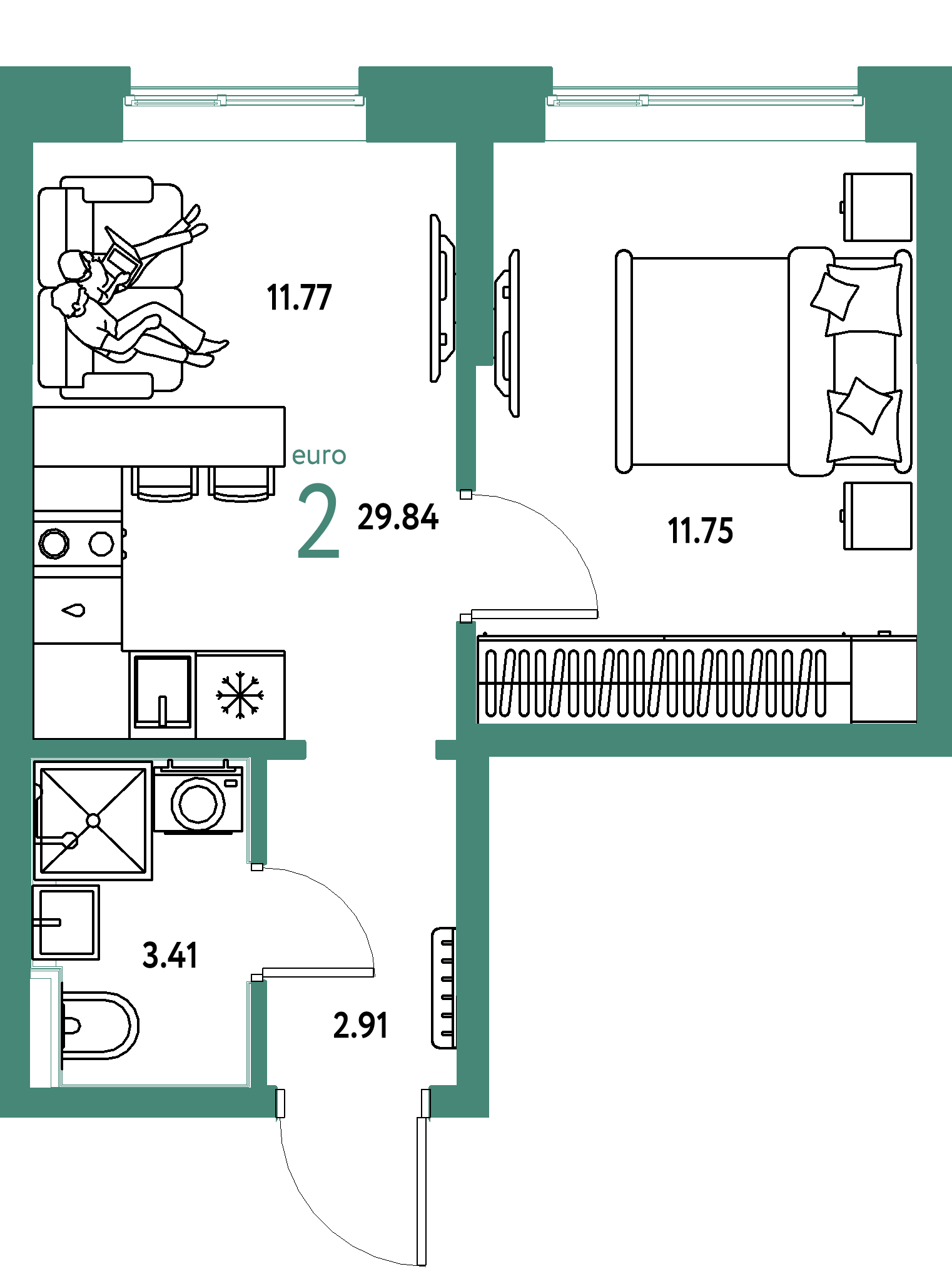 Планировка: 1-комнатная 29.8 м² в ЖК Остров-сад, ДОК