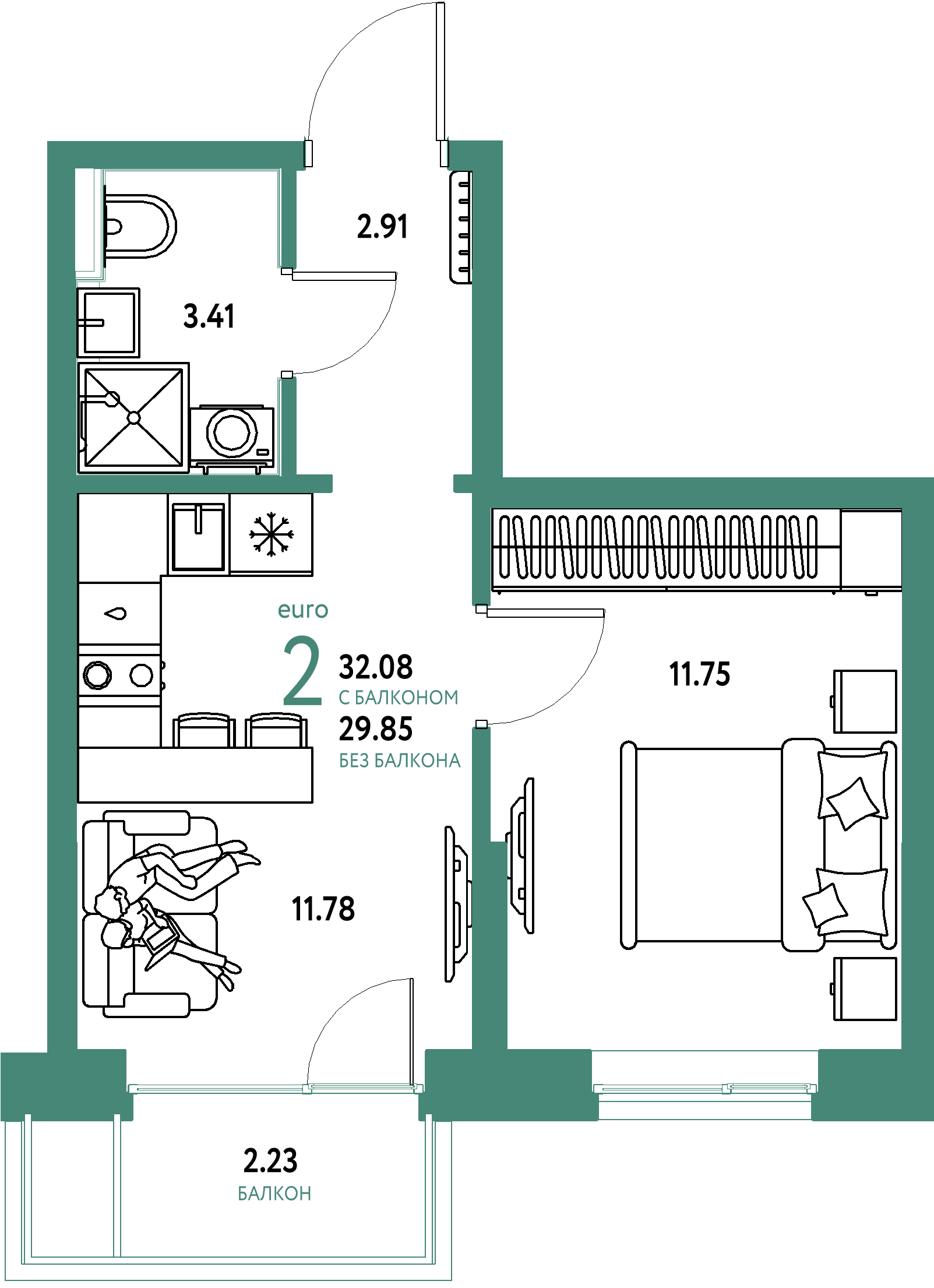 Планировка: Формат уточняется 32.1 м² в ЖК Остров-сад, ДОК