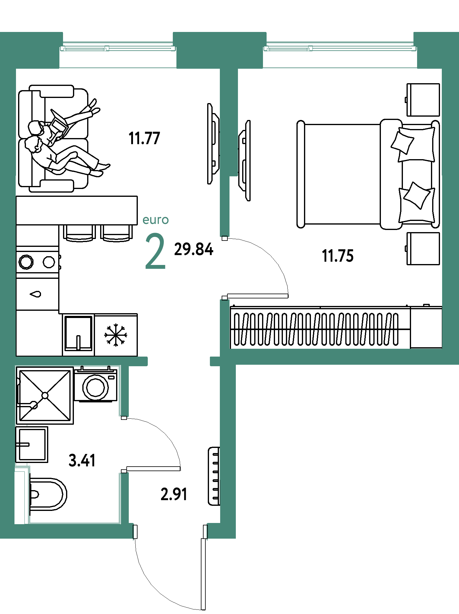 Планировка: 1-комнатная 29.8 м² в ЖК Остров-сад, ДОК