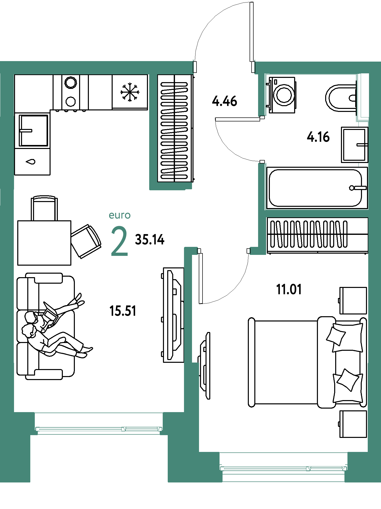 Планировка: Евродвушка 35.1 м² в ЖК Остров-сад, ДОК