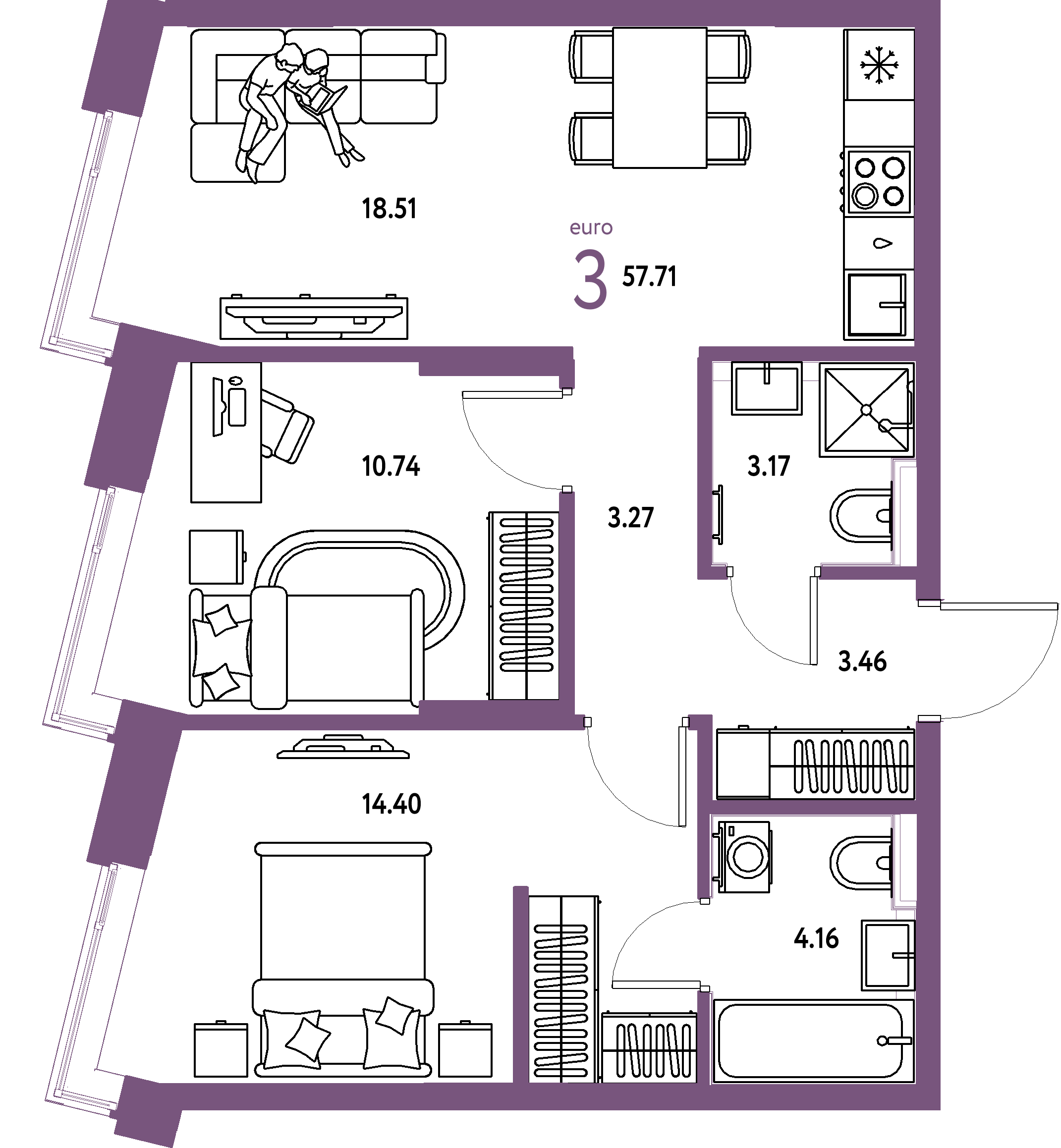 Планировка: Евротрешка 57.7 м² в ЖК Остров-сад, ДОК