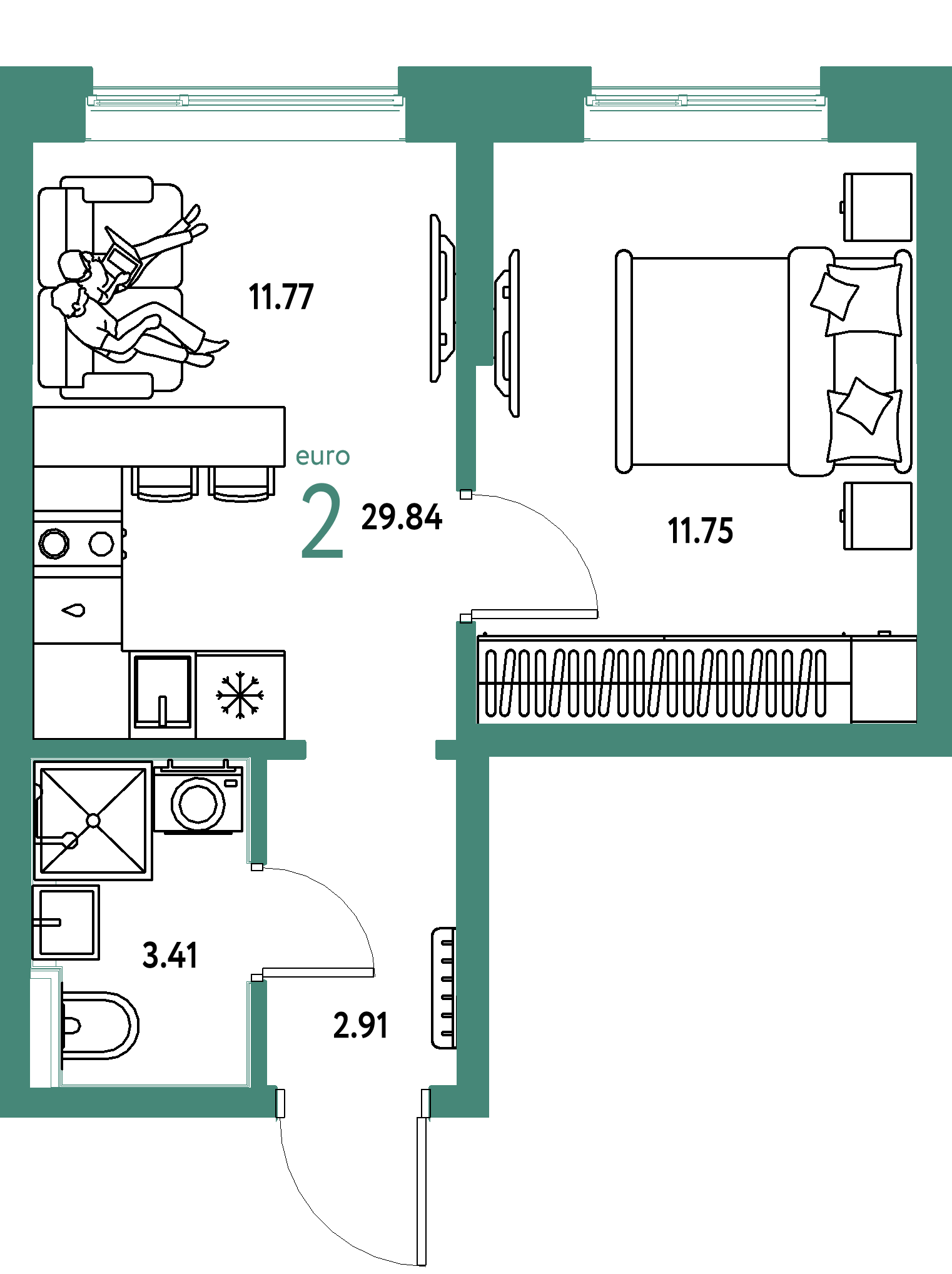 Планировка: 1-комнатная 29.8 м² в ЖК Остров-сад, ДОК