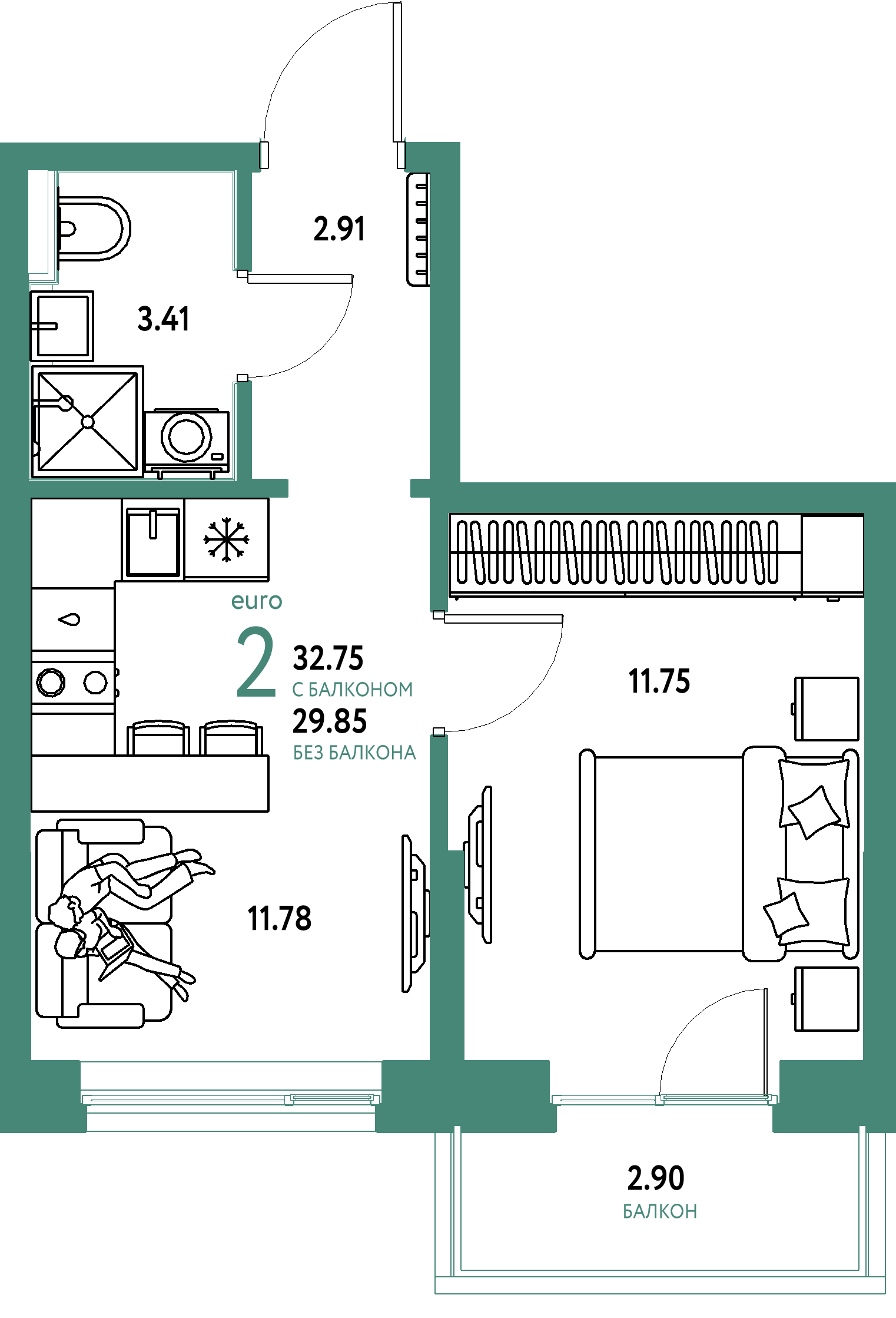 Планировка: 1-комнатная 32.8 м² в ЖК Остров-сад, ДОК