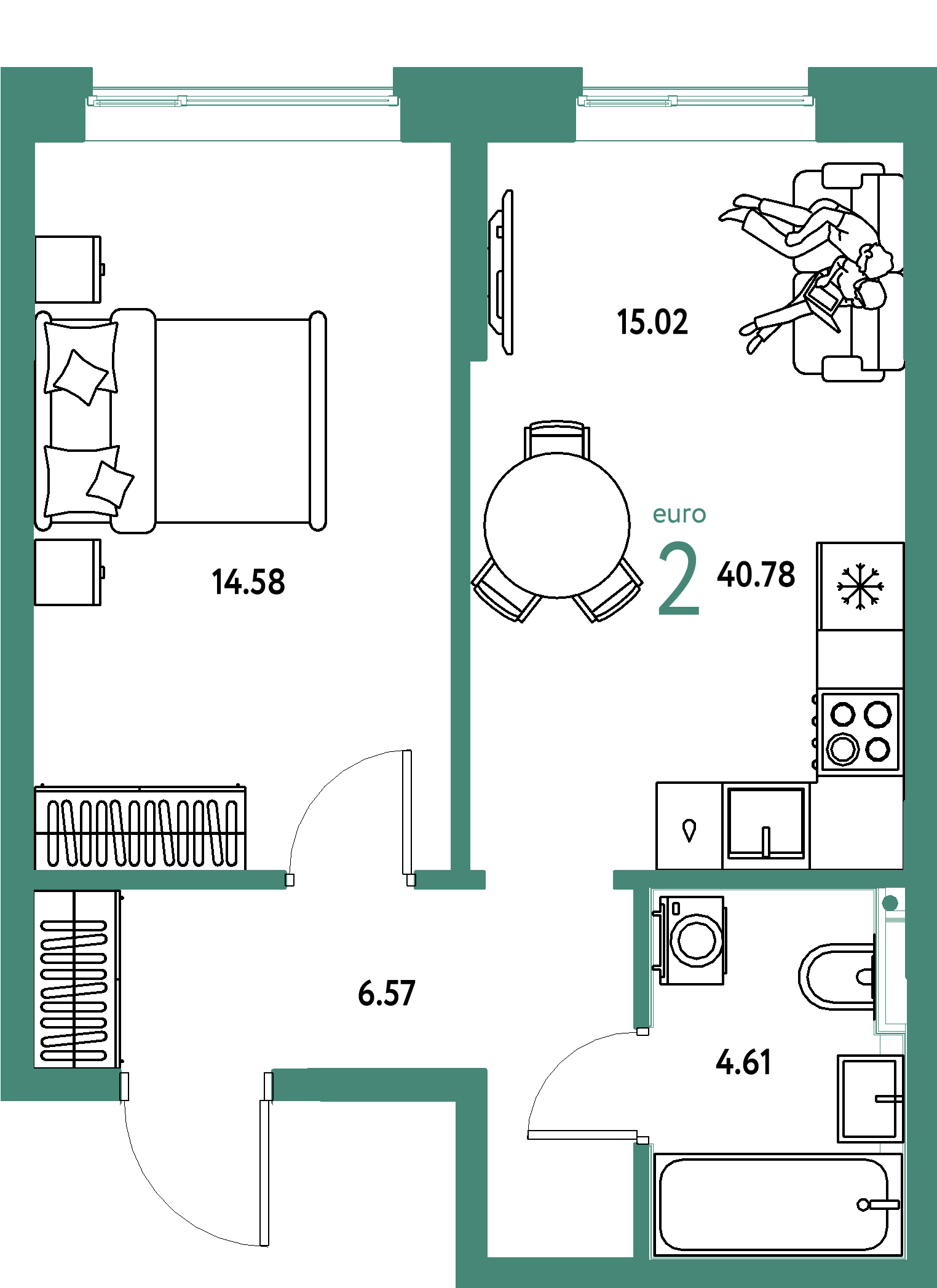 ЖК "Остров-сад"-2-комнатная 40.78 м²