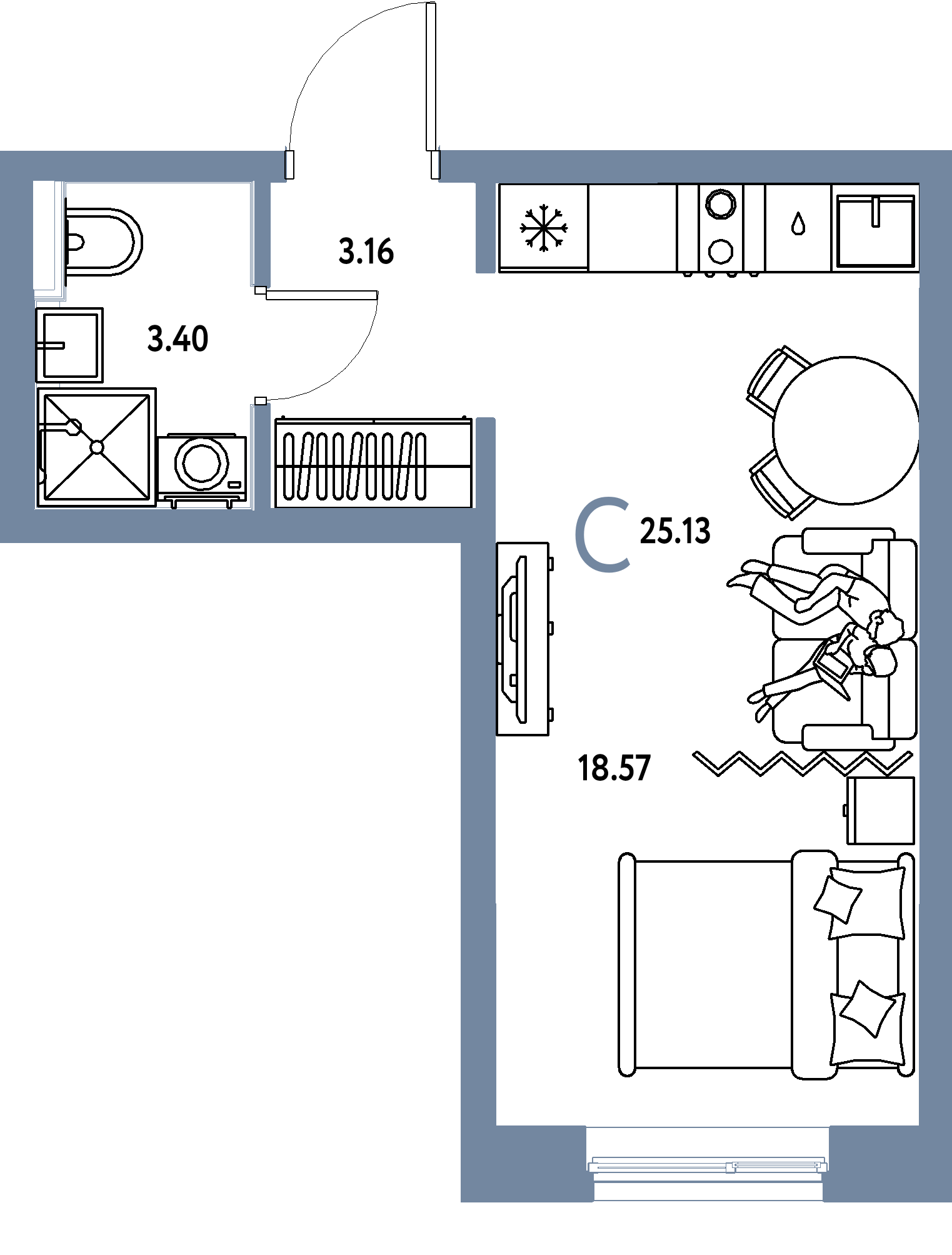 Планировка: Студия 25.1 м² в ЖК Остров-сад, ДОК