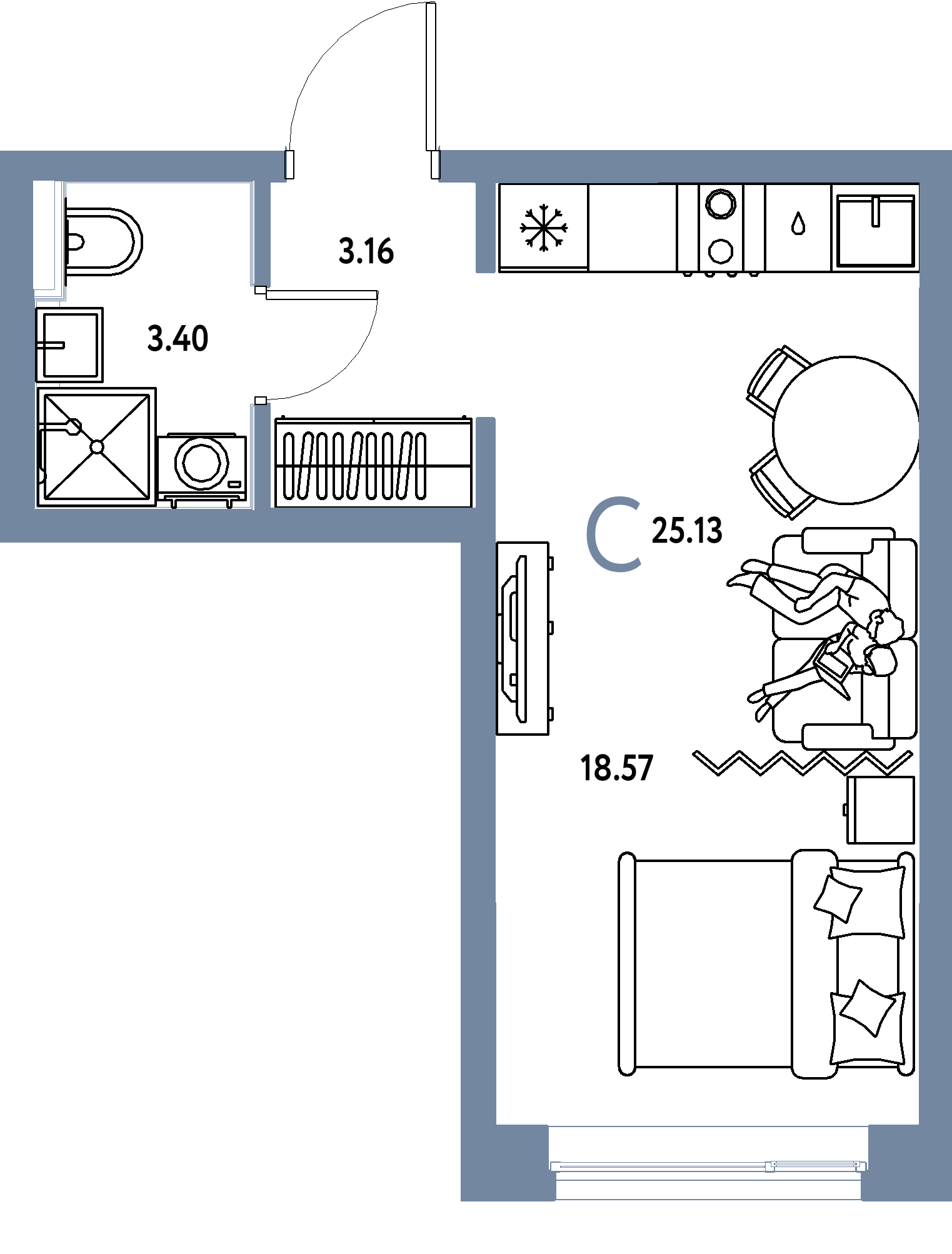 Планировка: Студия 25.1 м² в ЖК Остров-сад, ДОК