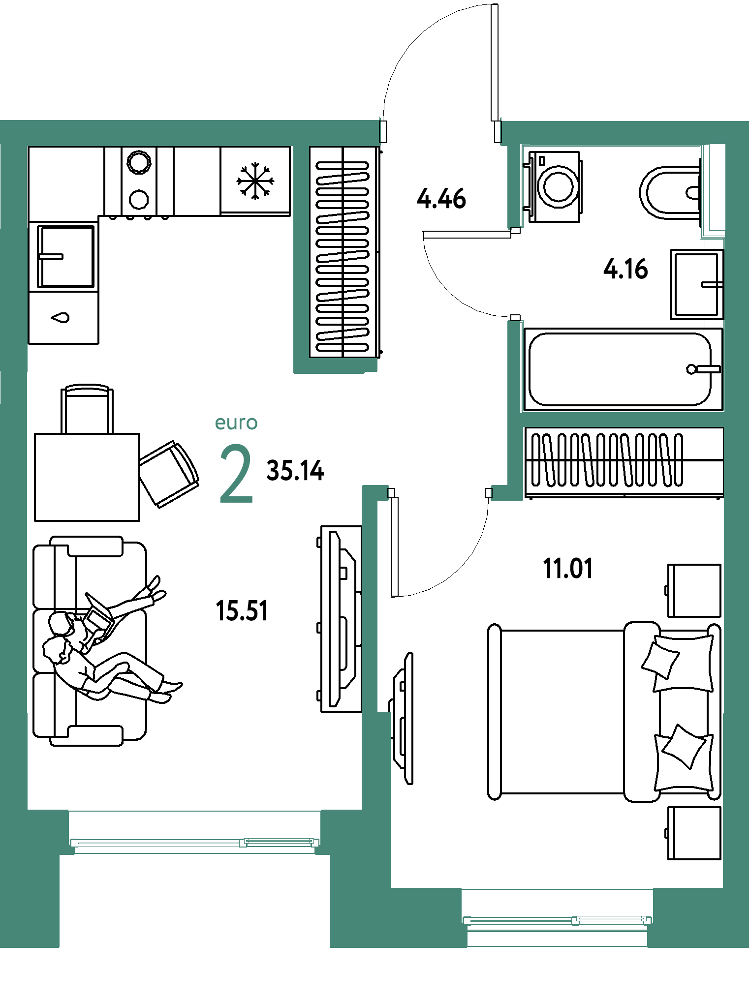 Планировка: Евродвушка 35.1 м² в ЖК Остров-сад, ДОК