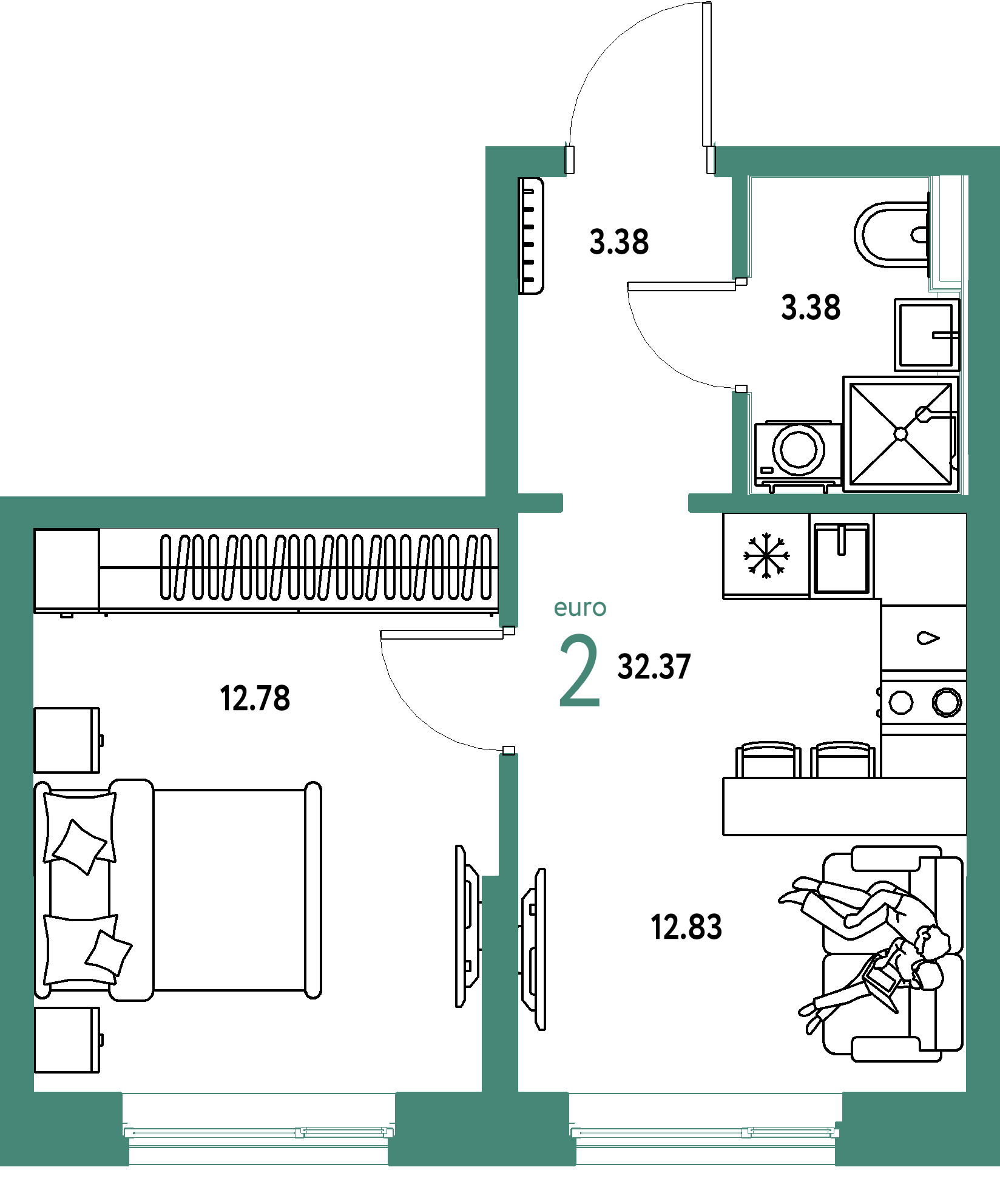Планировка: 1-комнатная 32.4 м² в ЖК Остров-сад, ДОК