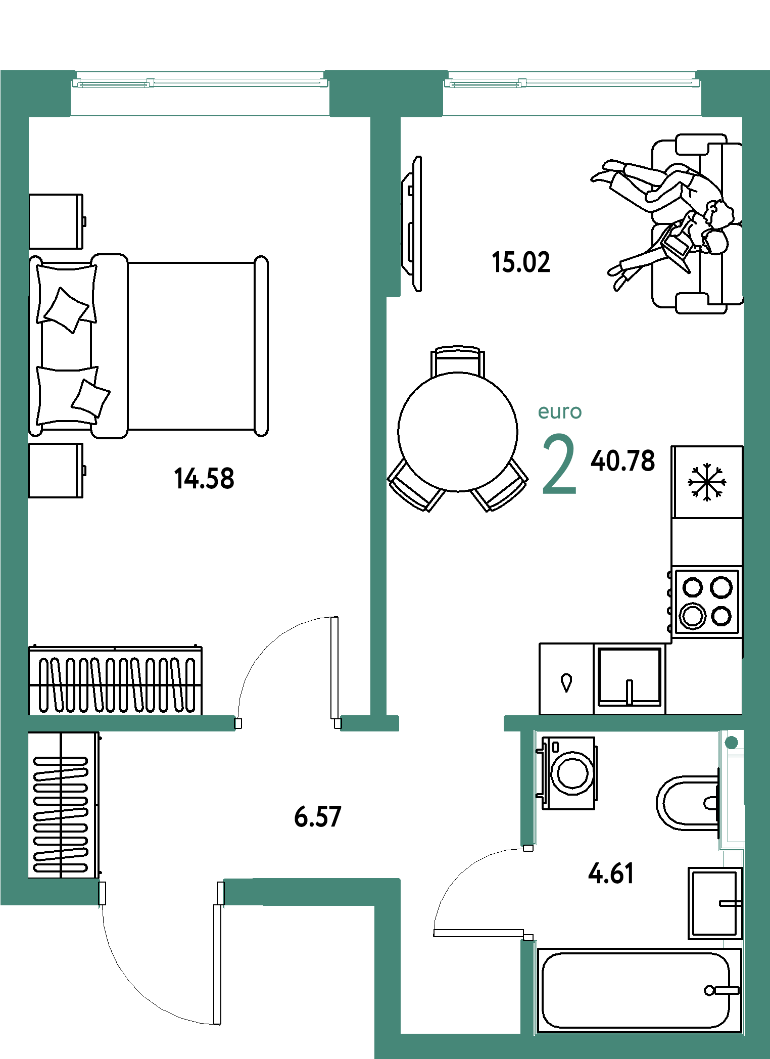 ЖК "Остров-сад"-2-комнатная 40.78 м²