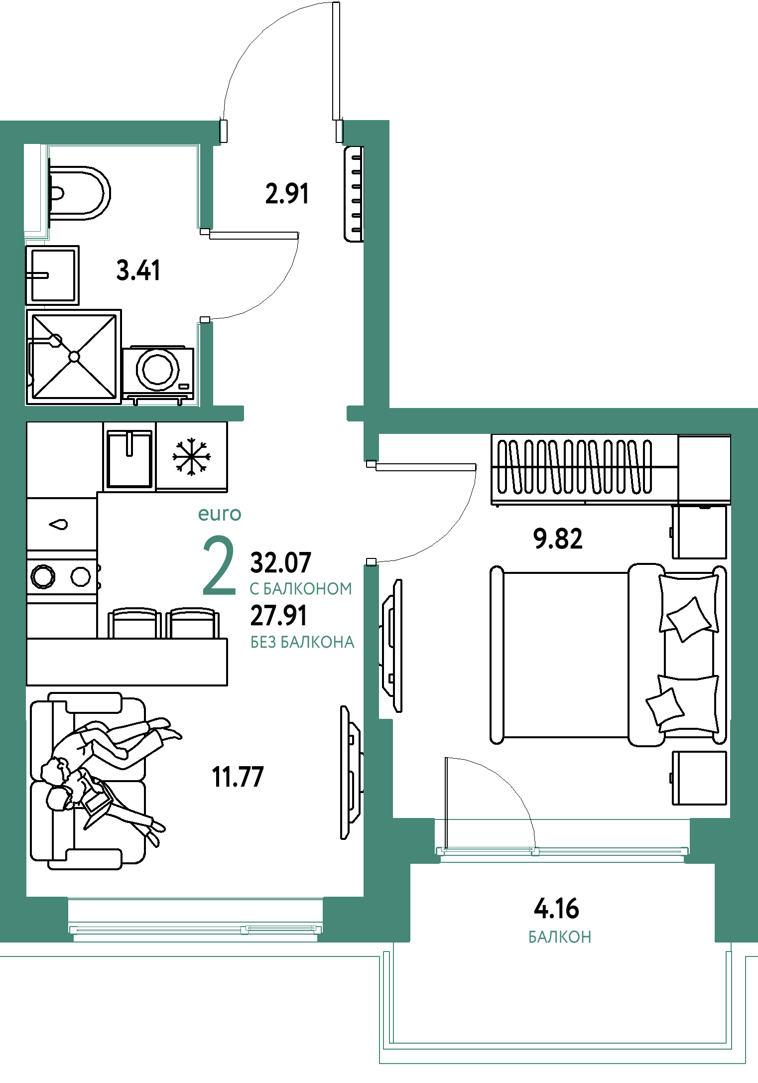 Планировка: 1-комнатная 32.1 м² в ЖК Остров-сад, ДОК