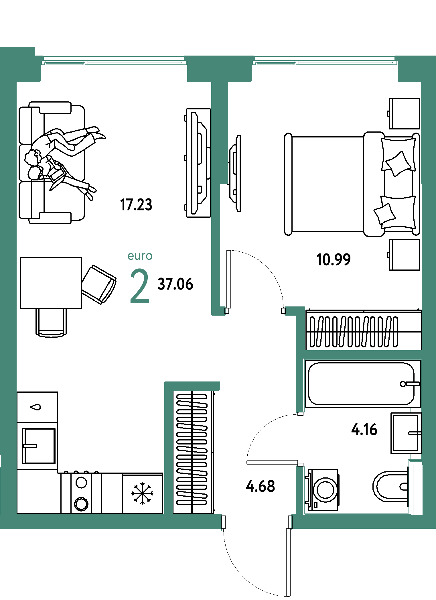 ЖК "Остров-сад"-2-комнатная 37.06 м²