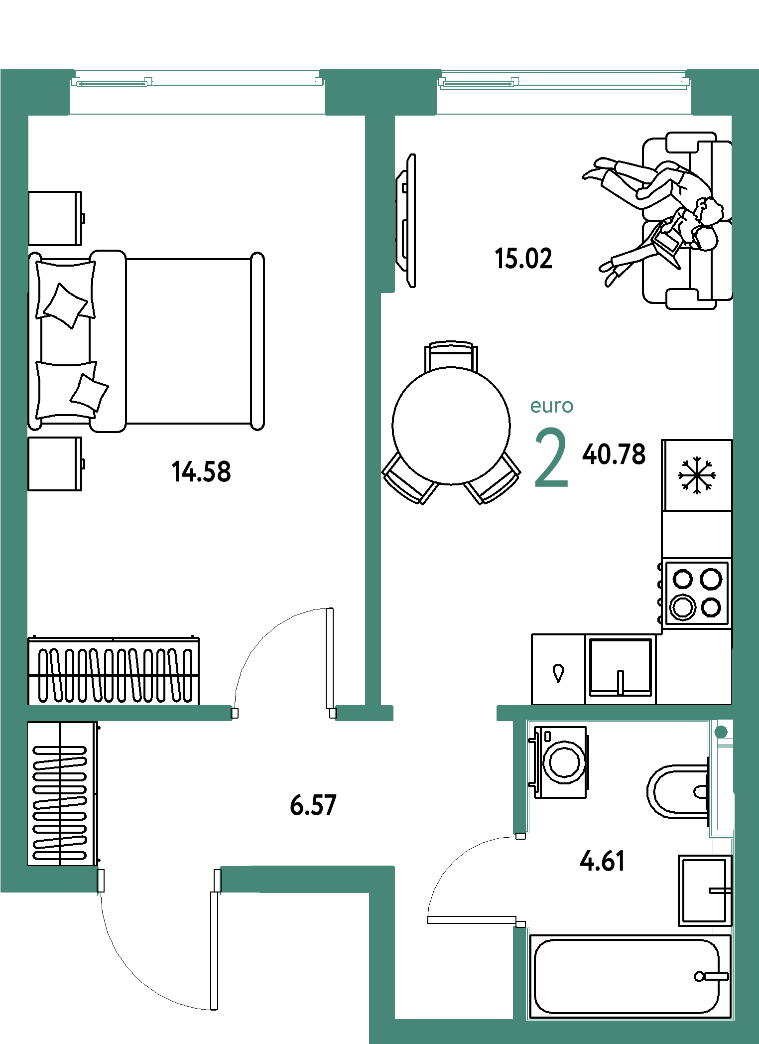 ЖК "Остров-сад"-2-комнатная 40.78 м²