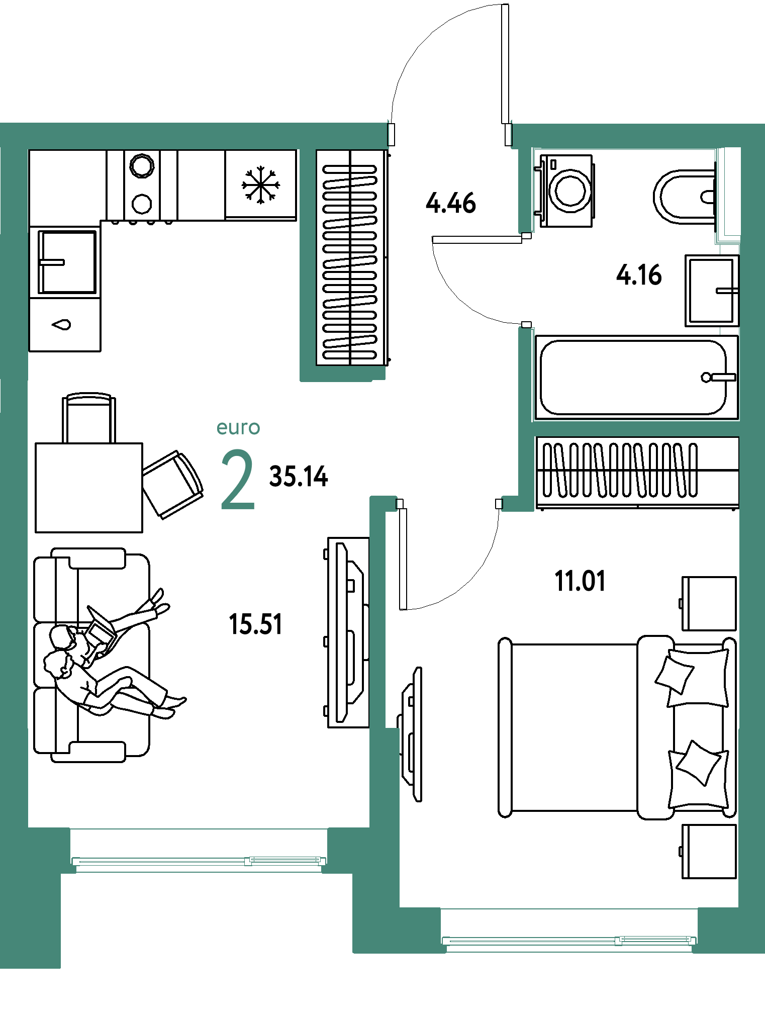 ЖК "Остров-сад"-2-комнатная 35.14 м²