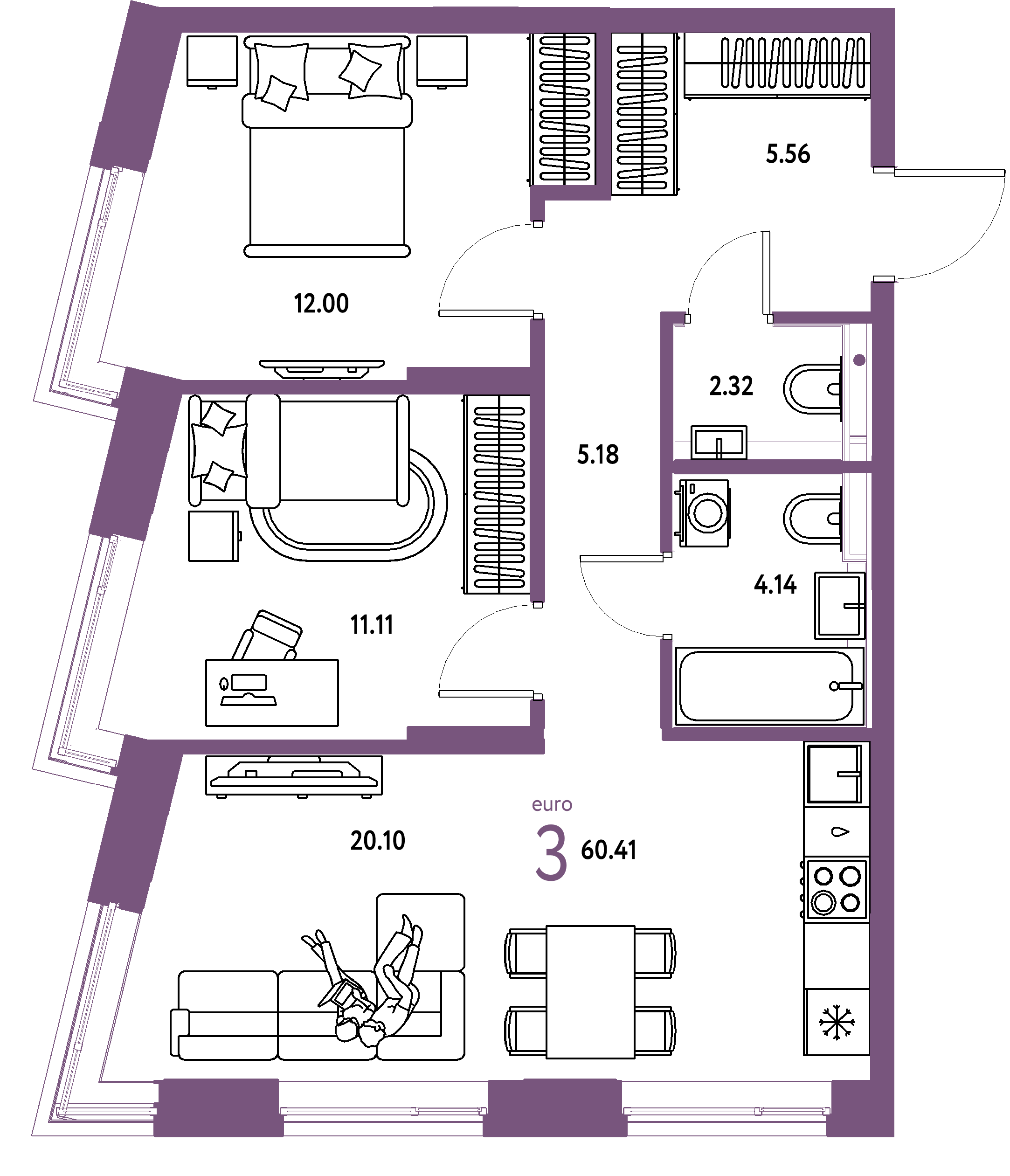 ЖК "Остров-сад"-3-комнатная 60.41 м²