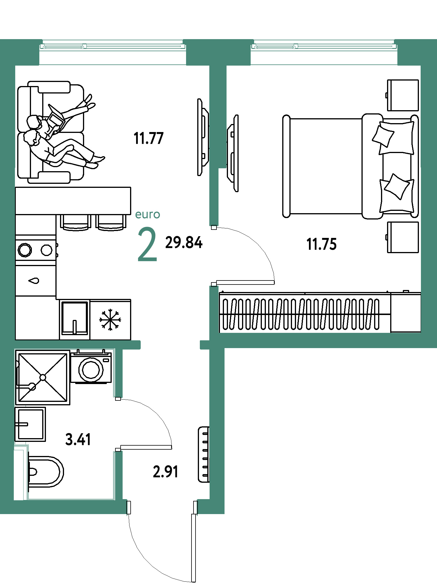 ЖК "Остров-сад"-2-комнатная 29.84 м²