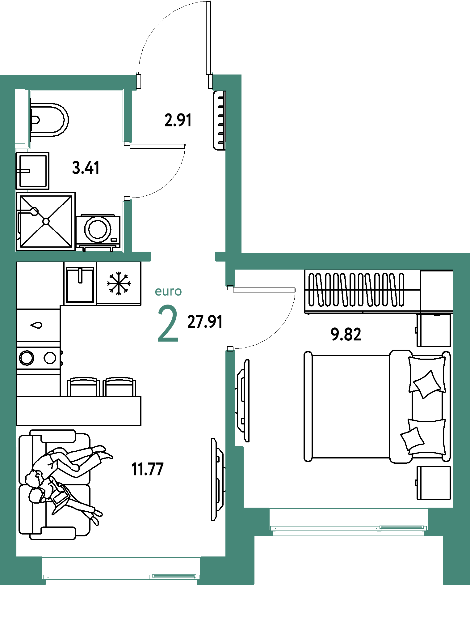 Планировка: 1-комнатная 27.9 м² в ЖК Остров-сад, ДОК