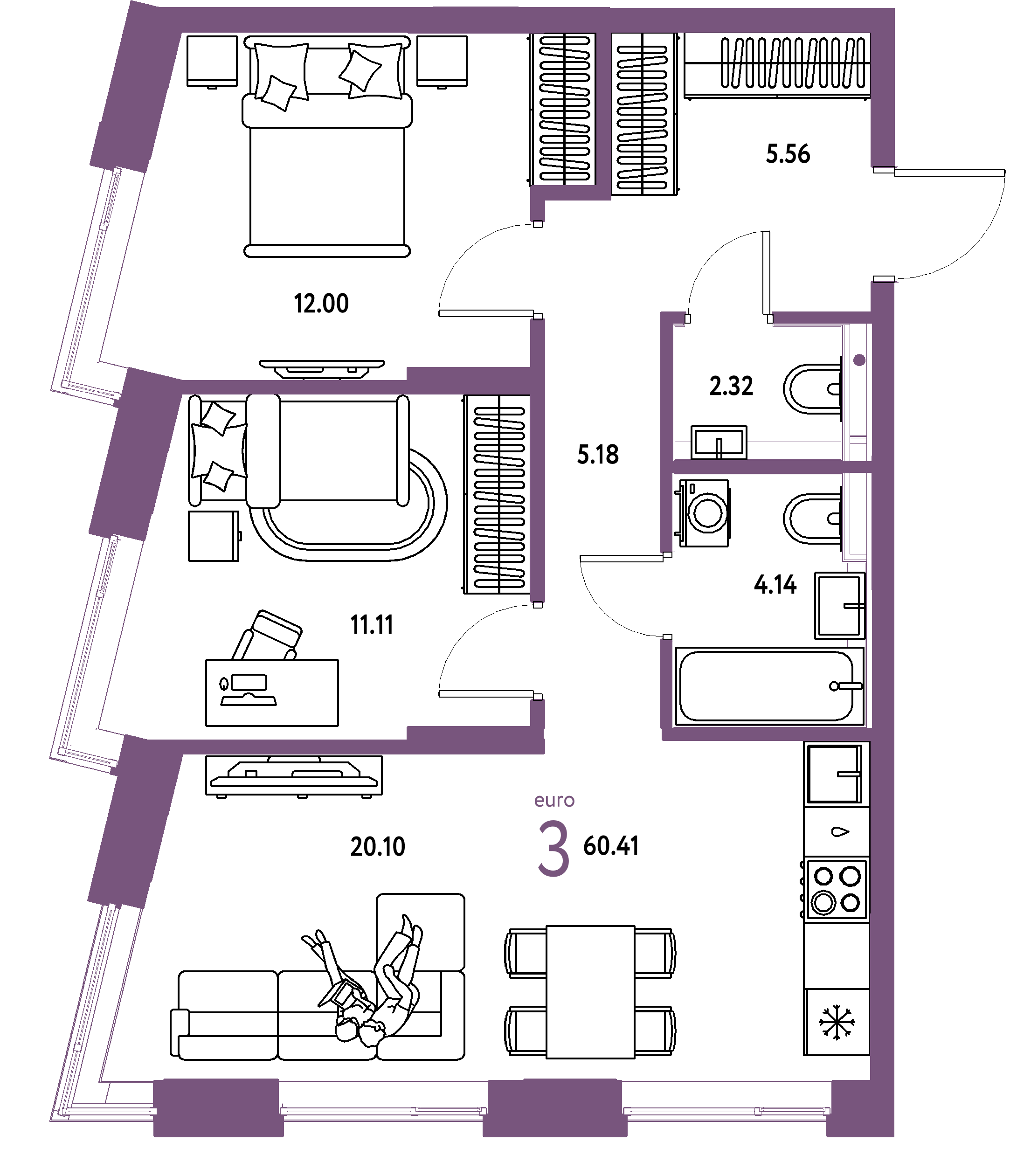 Планировка: Евротрешка 60.4 м² в ЖК Остров-сад, ДОК