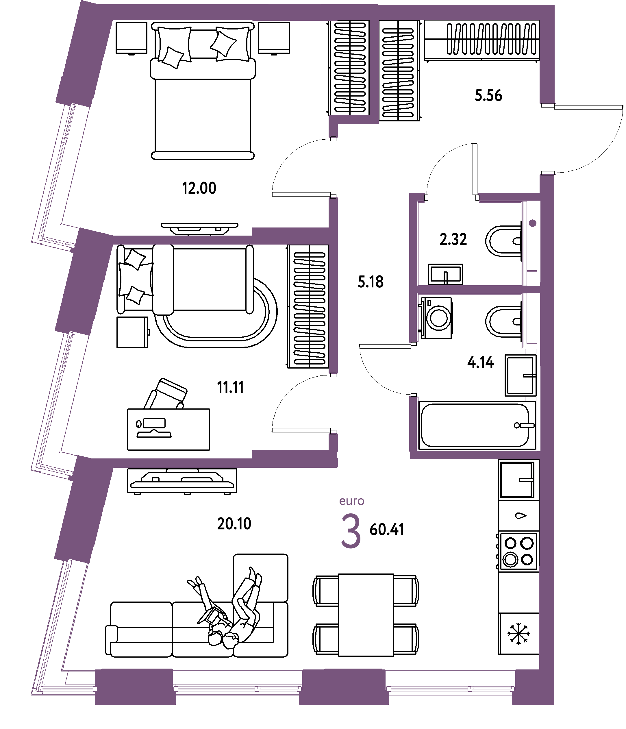 ЖК "Остров-сад"-3-комнатная 60.41 м²