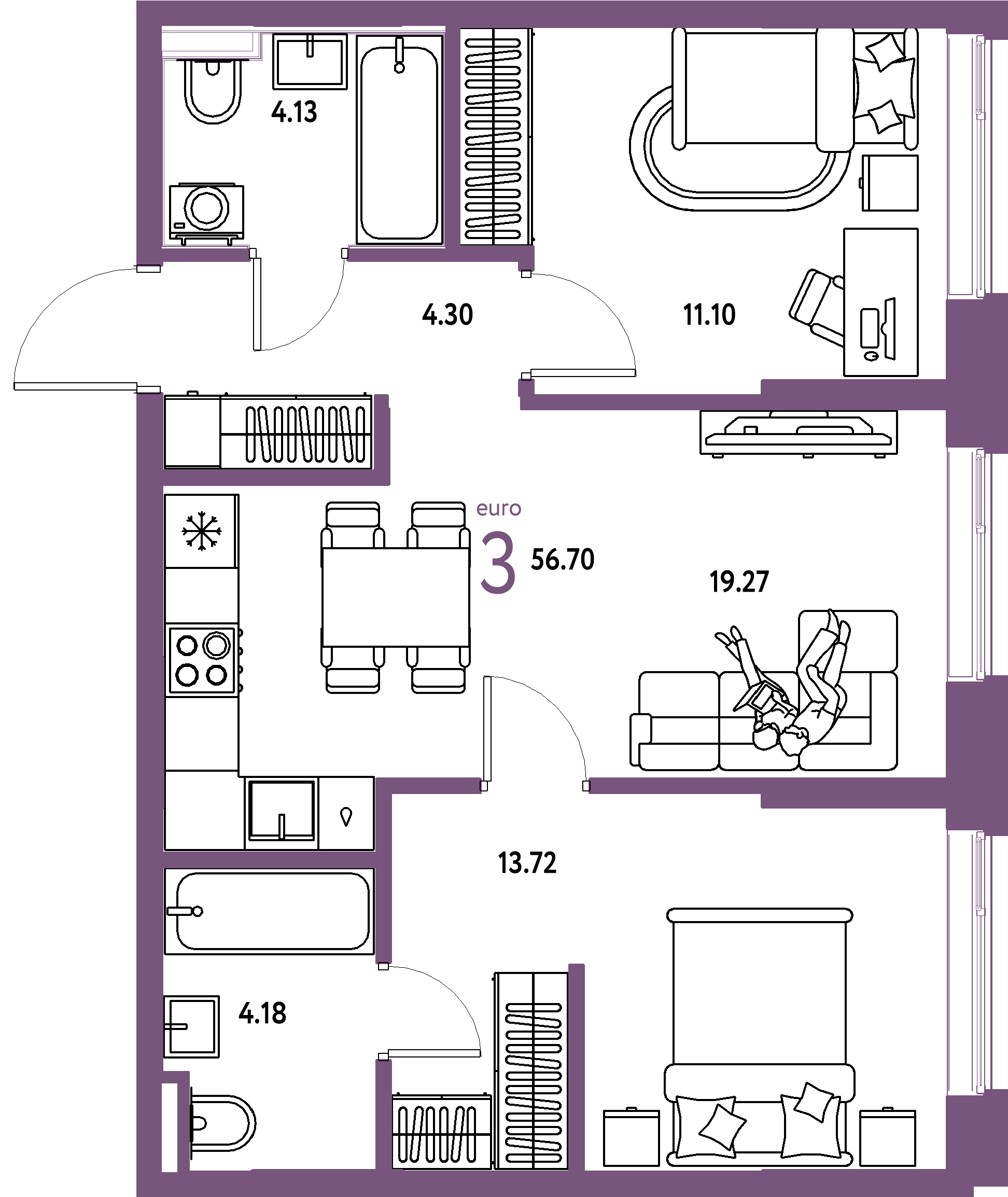 Планировка: 3-комнатная 56.7 м² в ЖК Остров-сад, ДОК