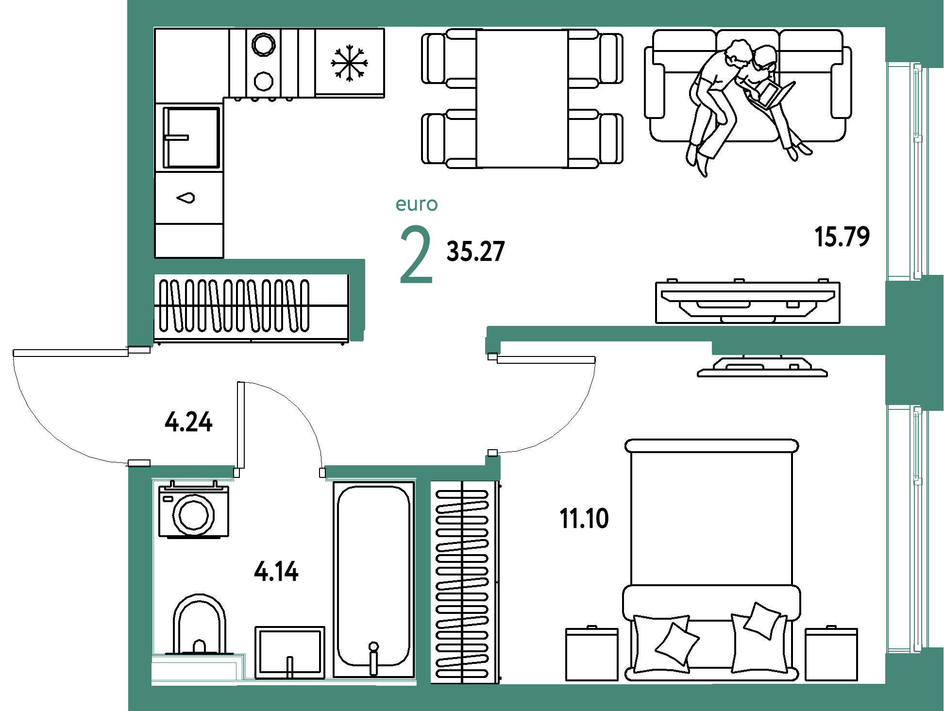 Планировка: Евродвушка 35.3 м² в ЖК Остров-сад, ДОК