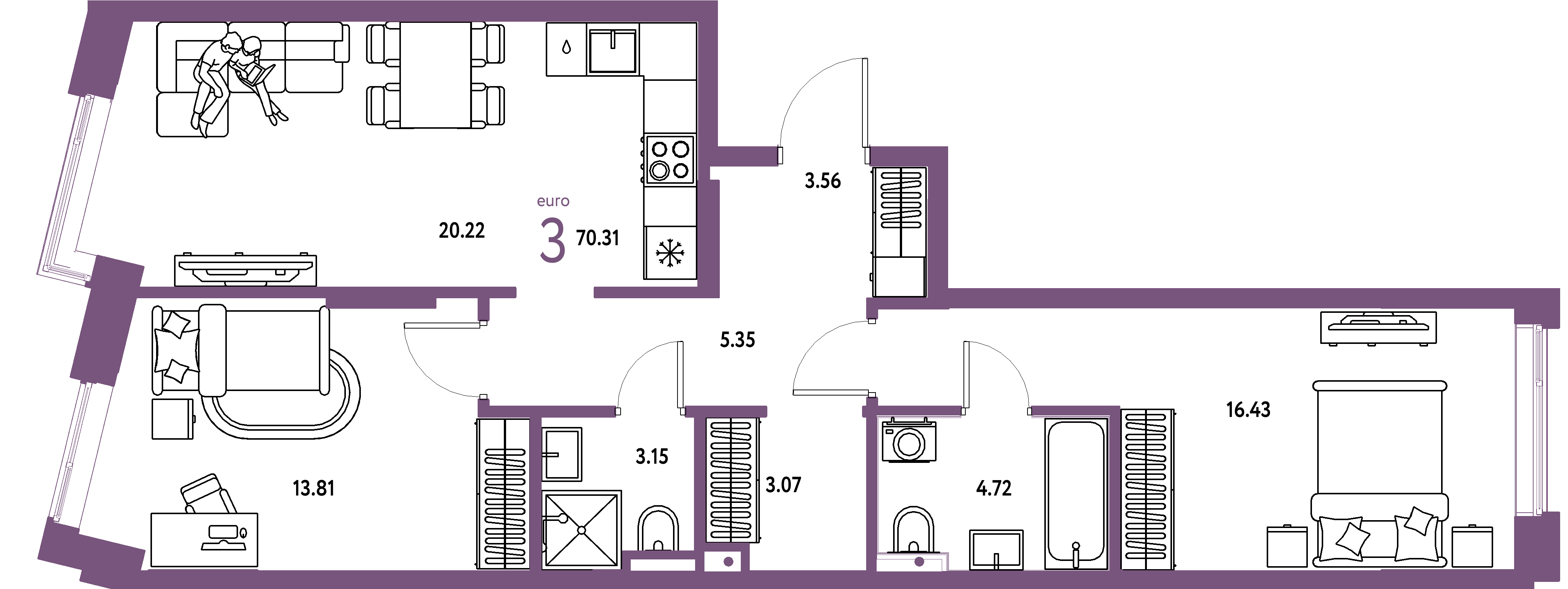 ЖК "Остров-сад"-3-комнатная 70.31 м²