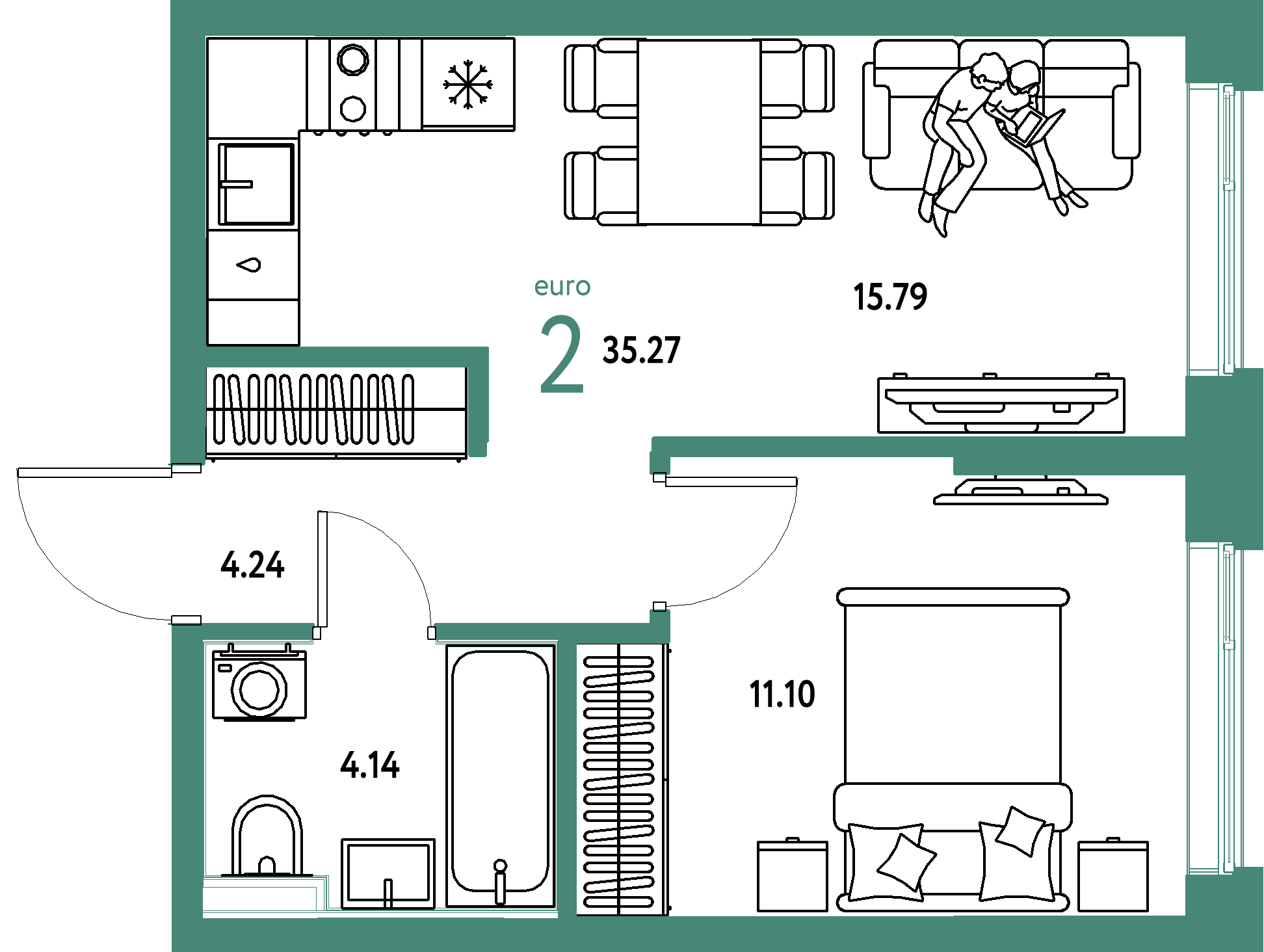 Планировка: Евродвушка 35.3 м² в ЖК Остров-сад, ДОК