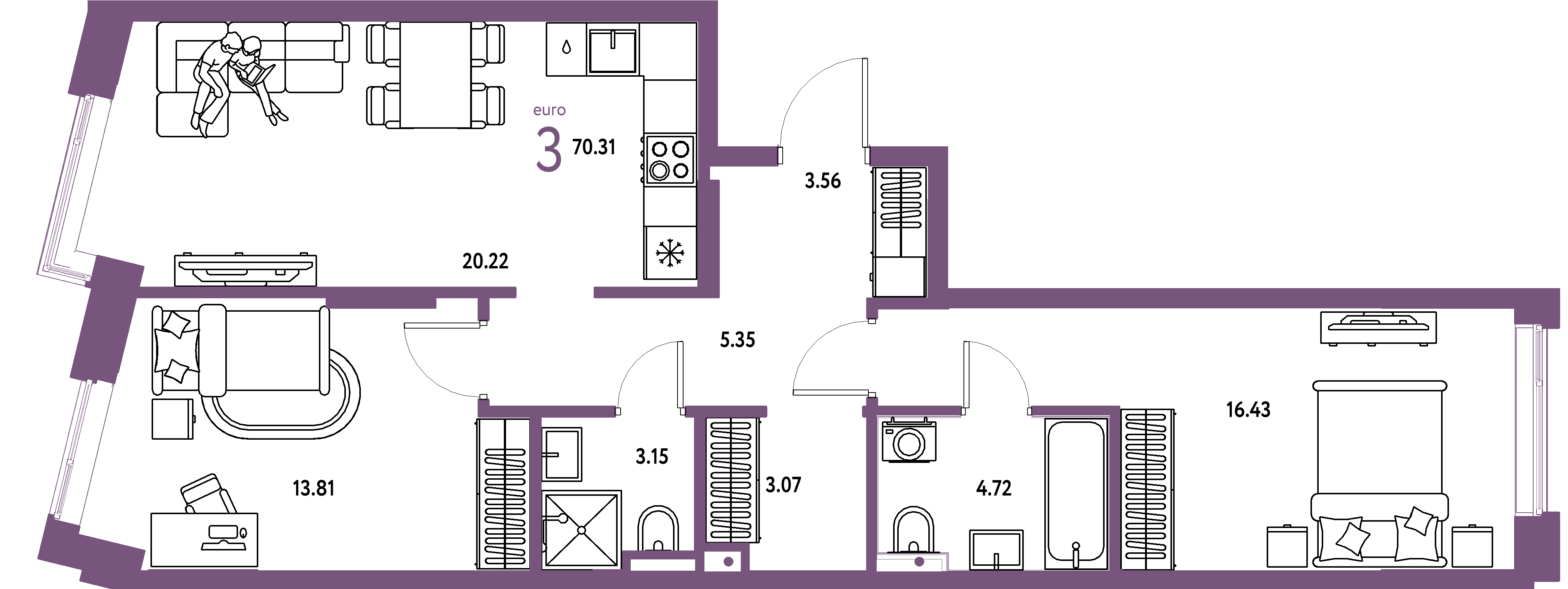 ЖК "Остров-сад"-3-комнатная 70.31 м²