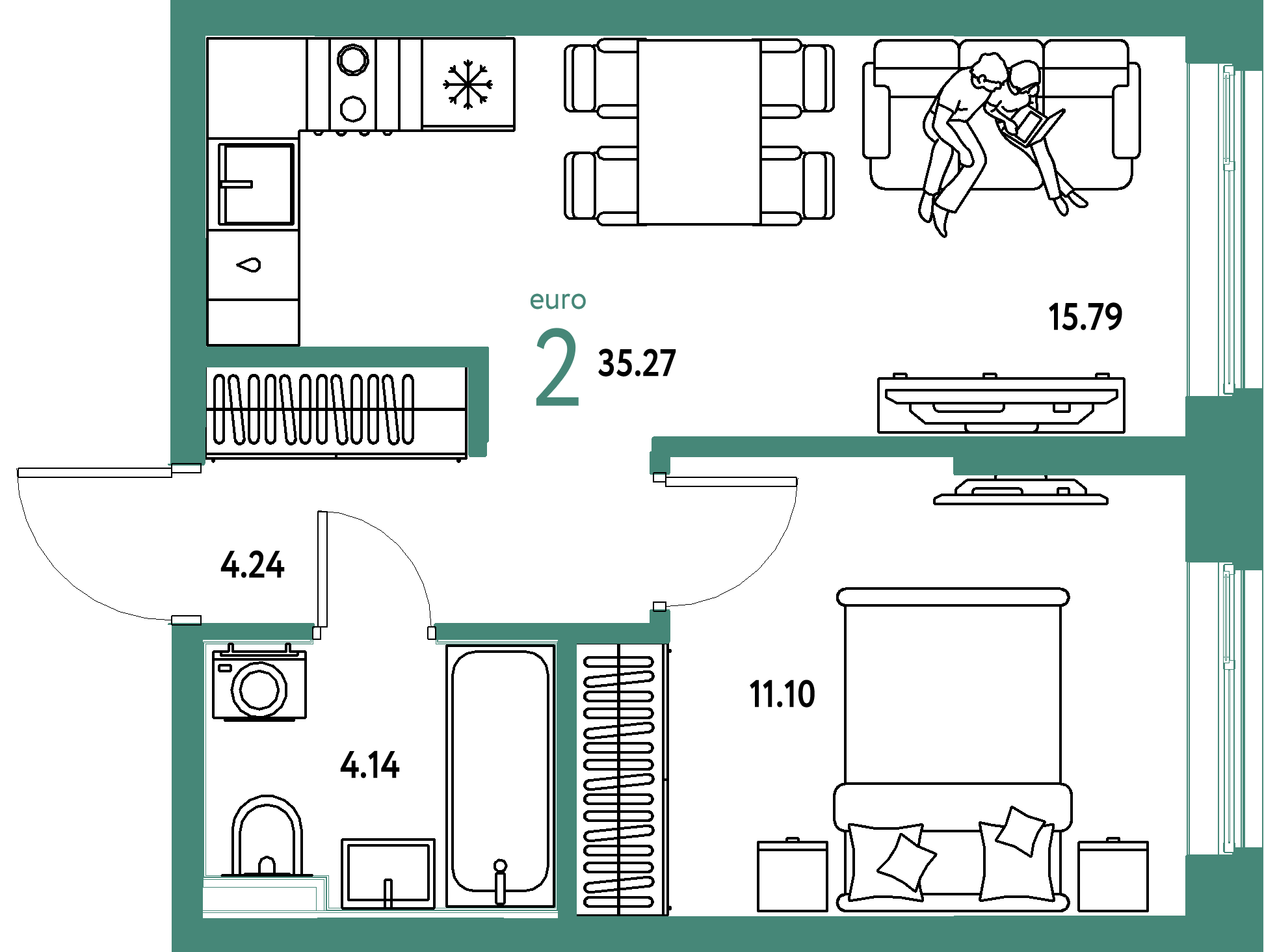 Планировка: Евродвушка 35.3 м² в ЖК Остров-сад, ДОК