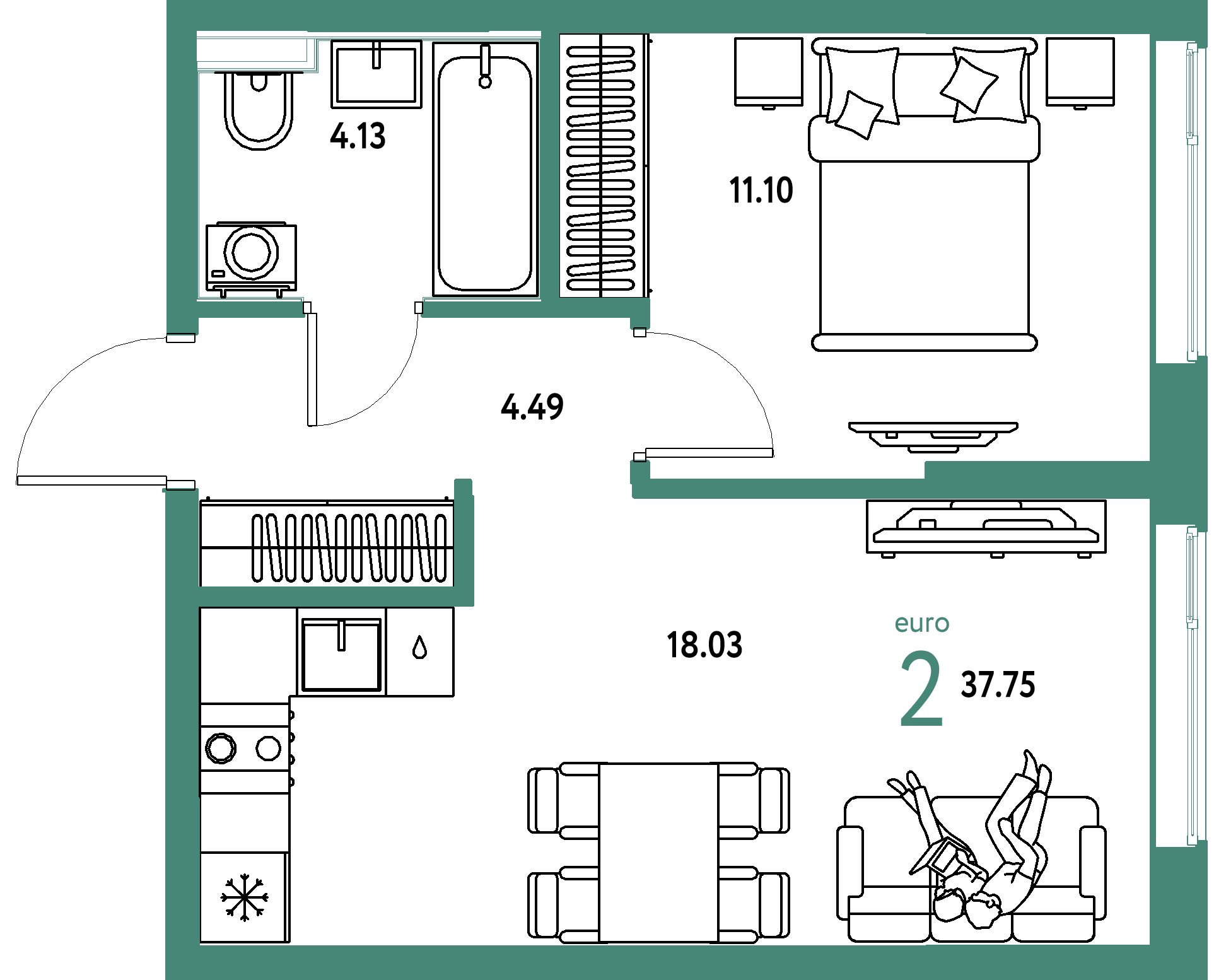 ЖК "Остров-сад"-2-комнатная 37.75 м²