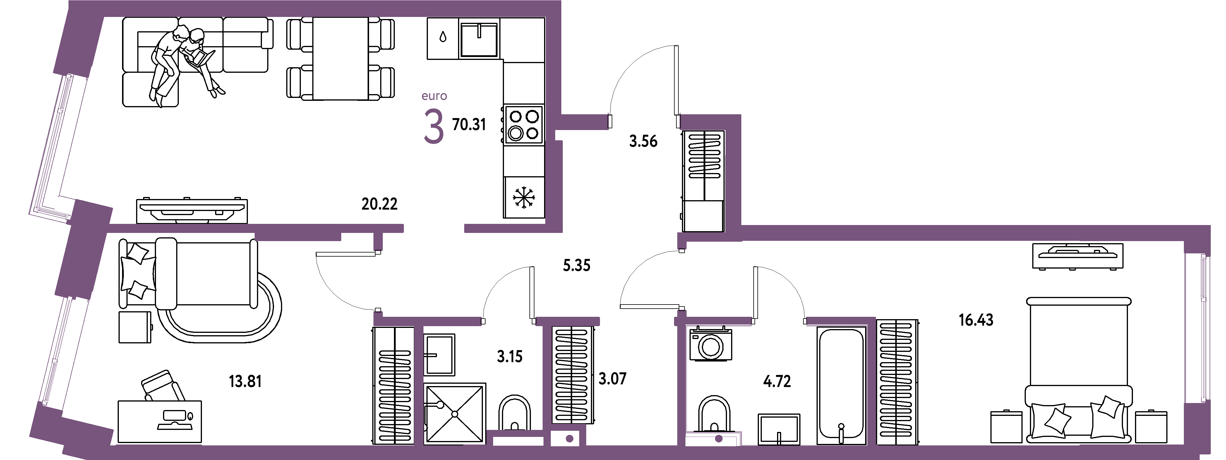 ЖК "Остров-сад"-3-комнатная 70.31 м²