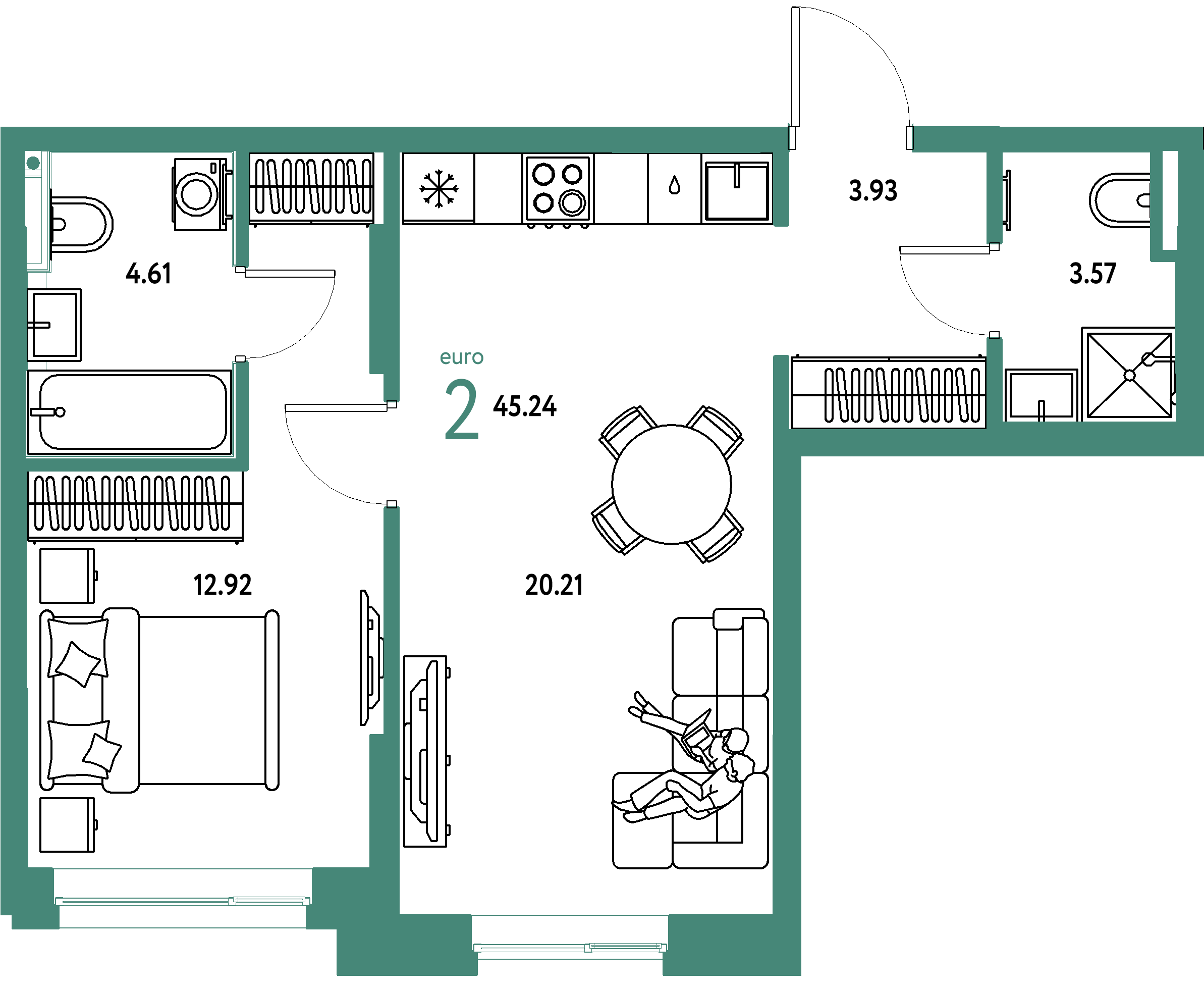 ЖК "Остров-сад"-2-комнатная 45.24 м²