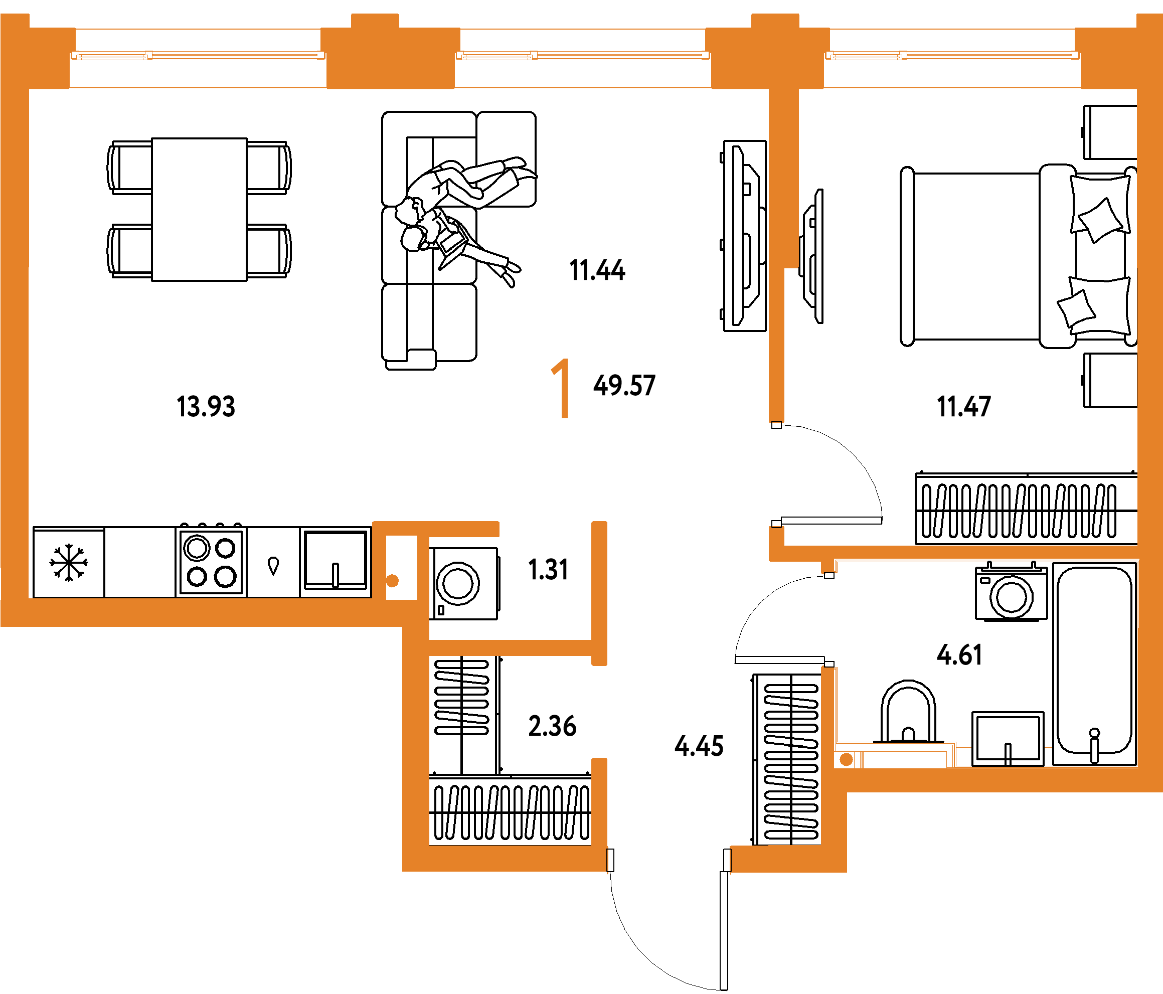 ЖК "Остров-сад"-1-комнатная 49.57 м²