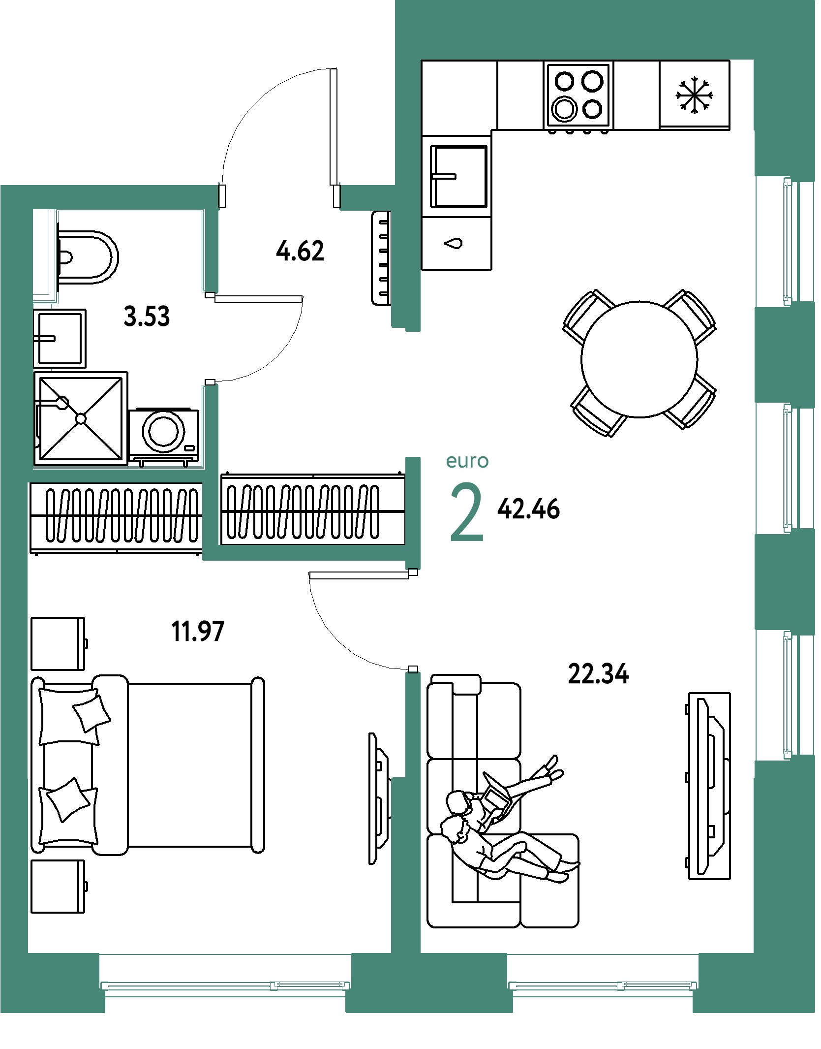 Планировка: Евродвушка 42.5 м² в ЖК Остров-сад, ДОК