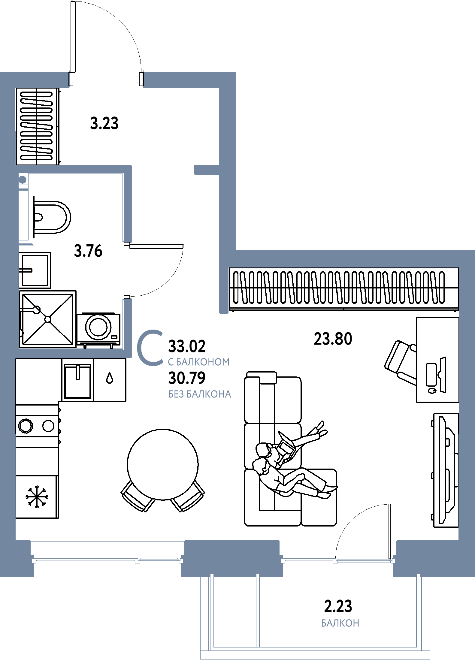 Планировка: Студия 33 м² в ЖК Остров-сад, ДОК