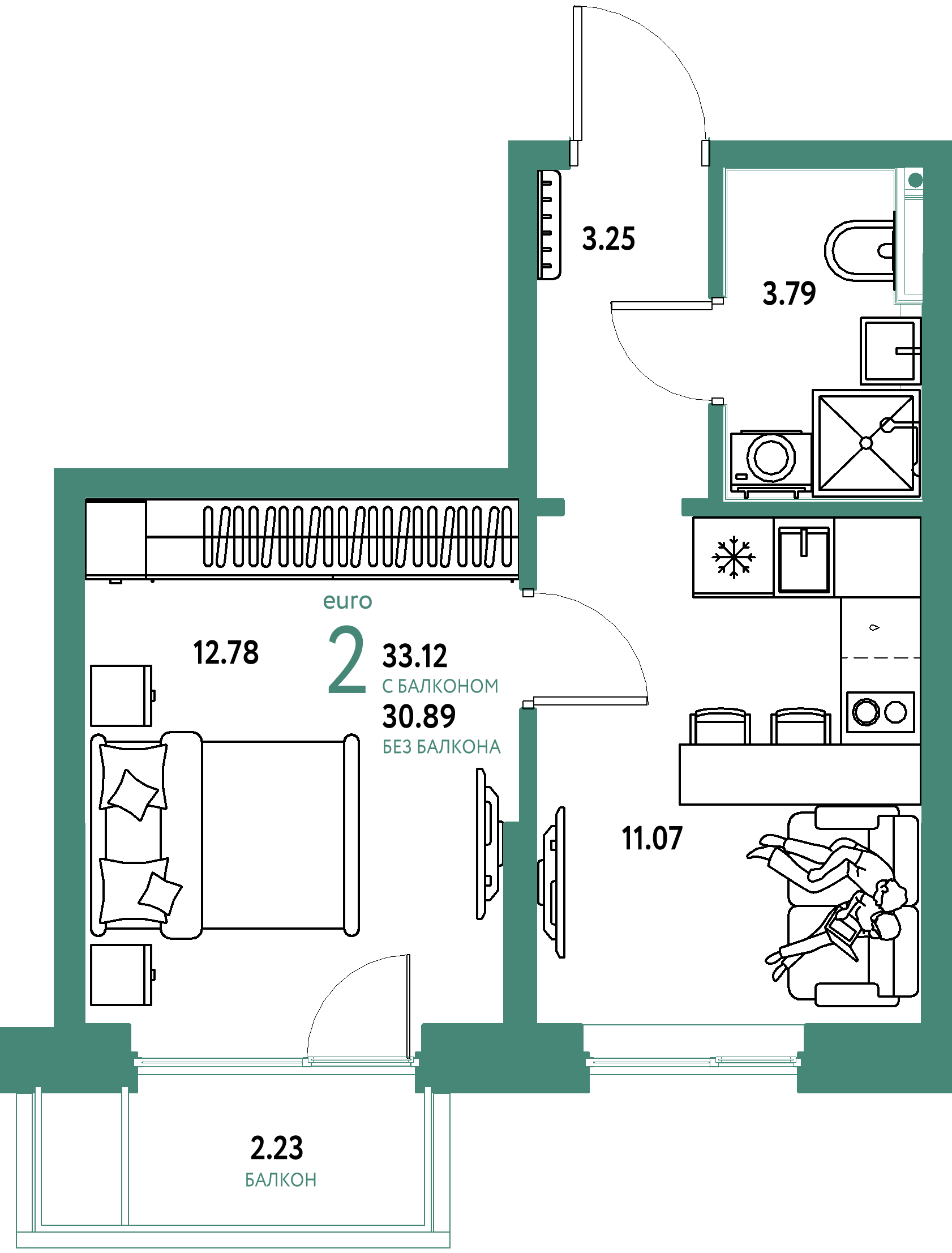 Планировка: 1-комнатная 33.1 м² в ЖК Остров-сад, ДОК