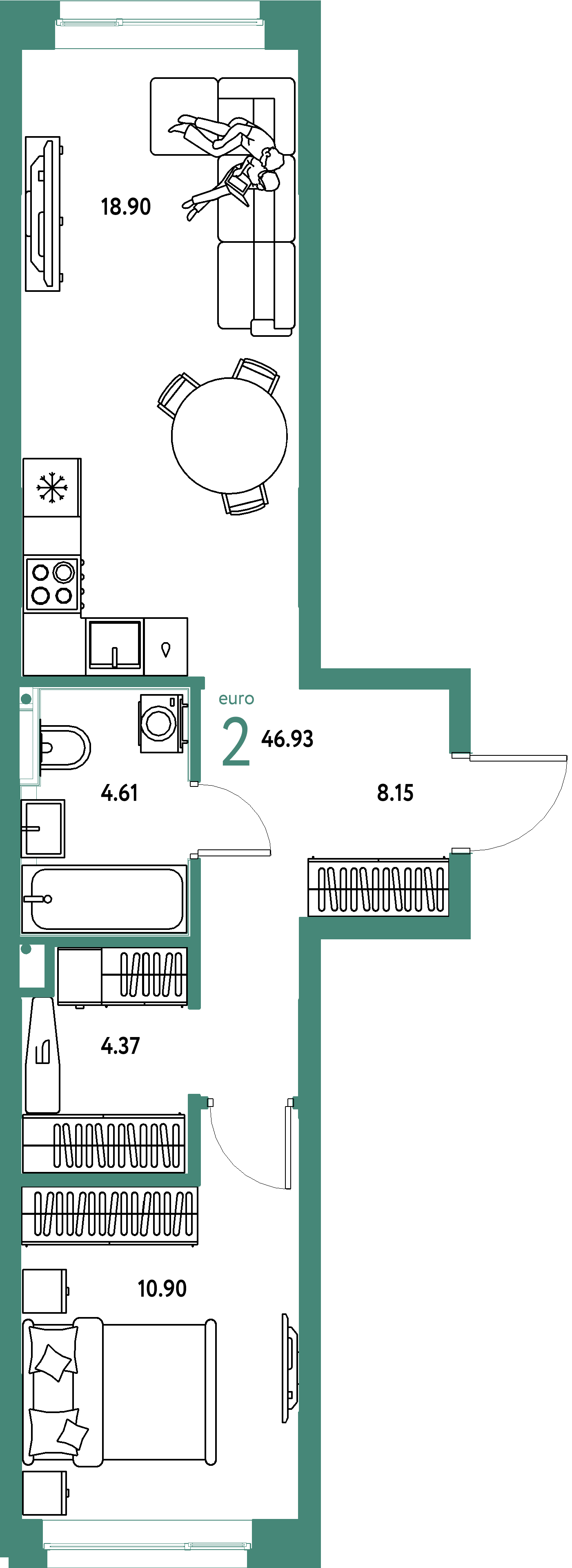 ЖК "Остров-сад"-2-комнатная 46.93 м²