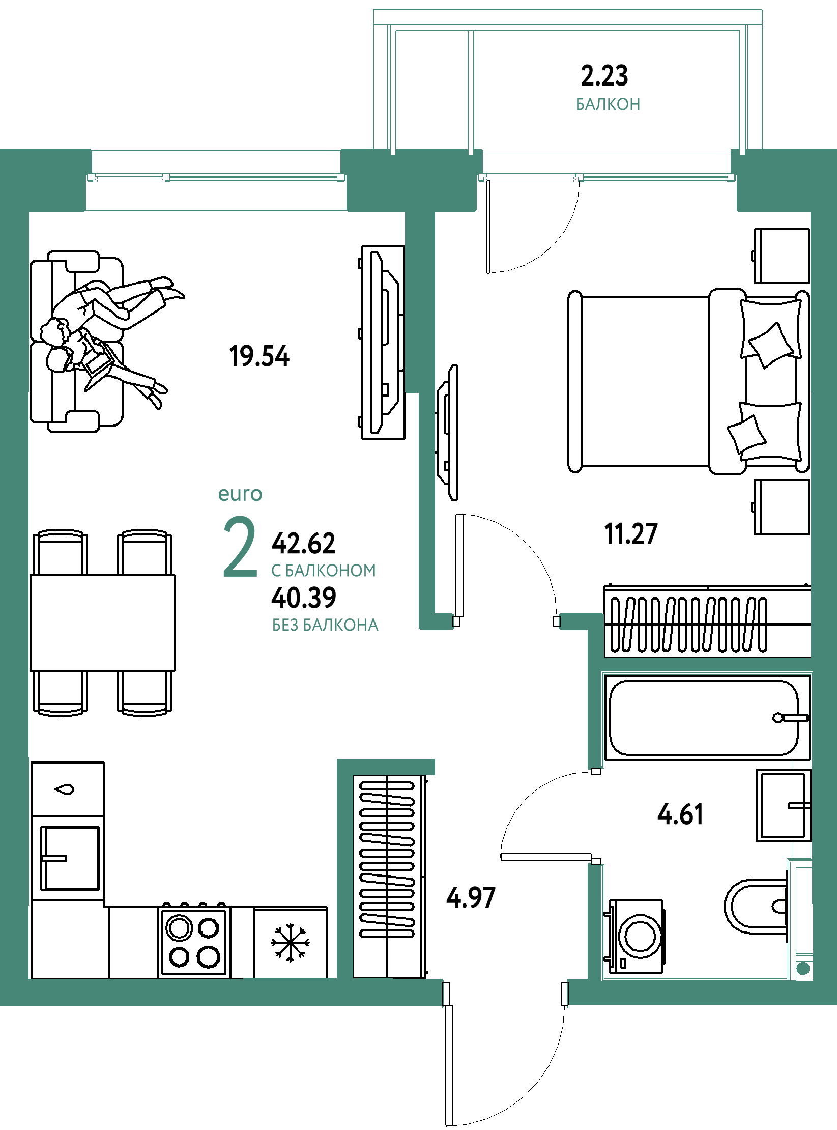 Планировка: Евродвушка 42.6 м² в ЖК Остров-сад, ДОК