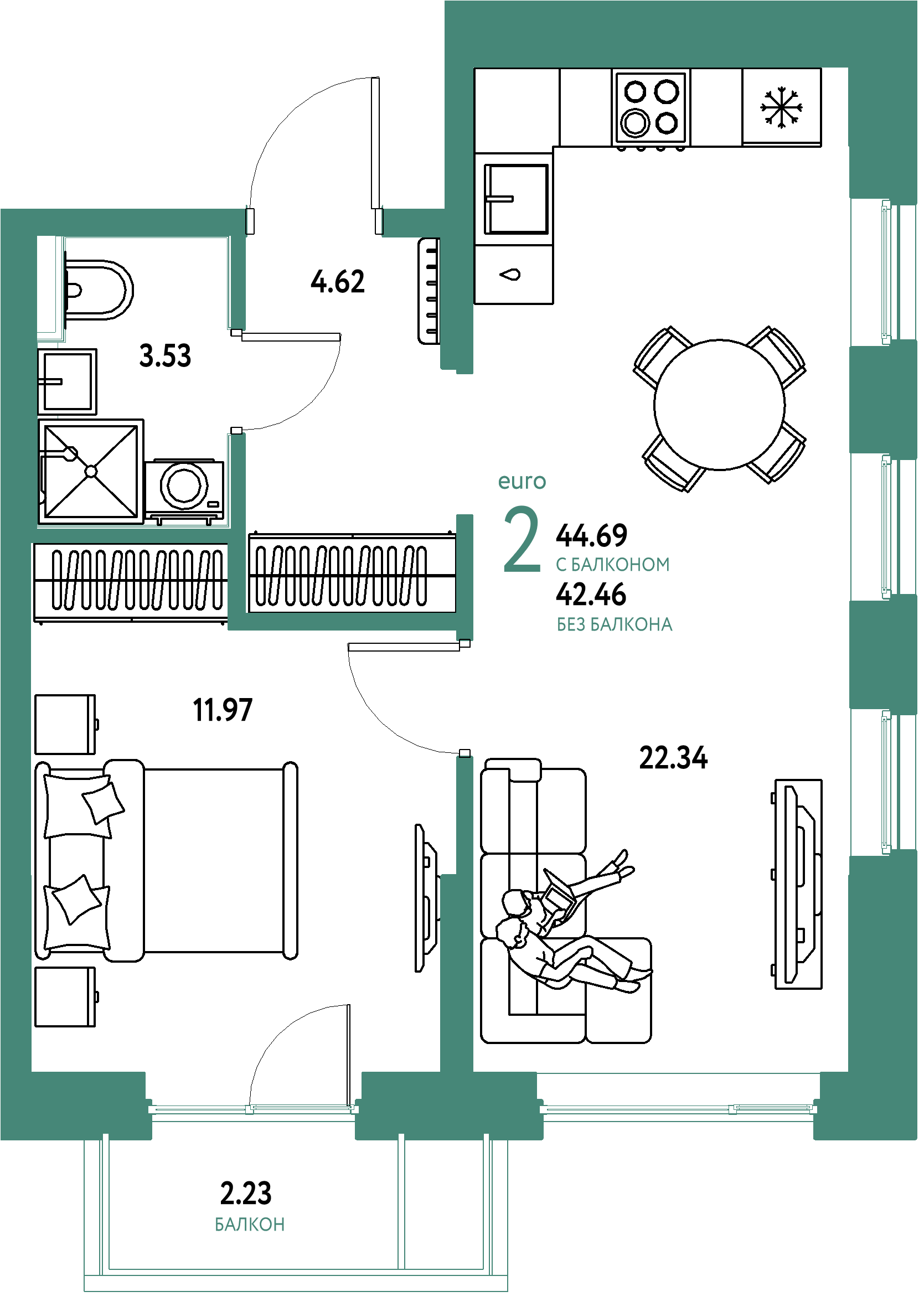 Планировка: Евродвушка 44.7 м² в ЖК Остров-сад, ДОК