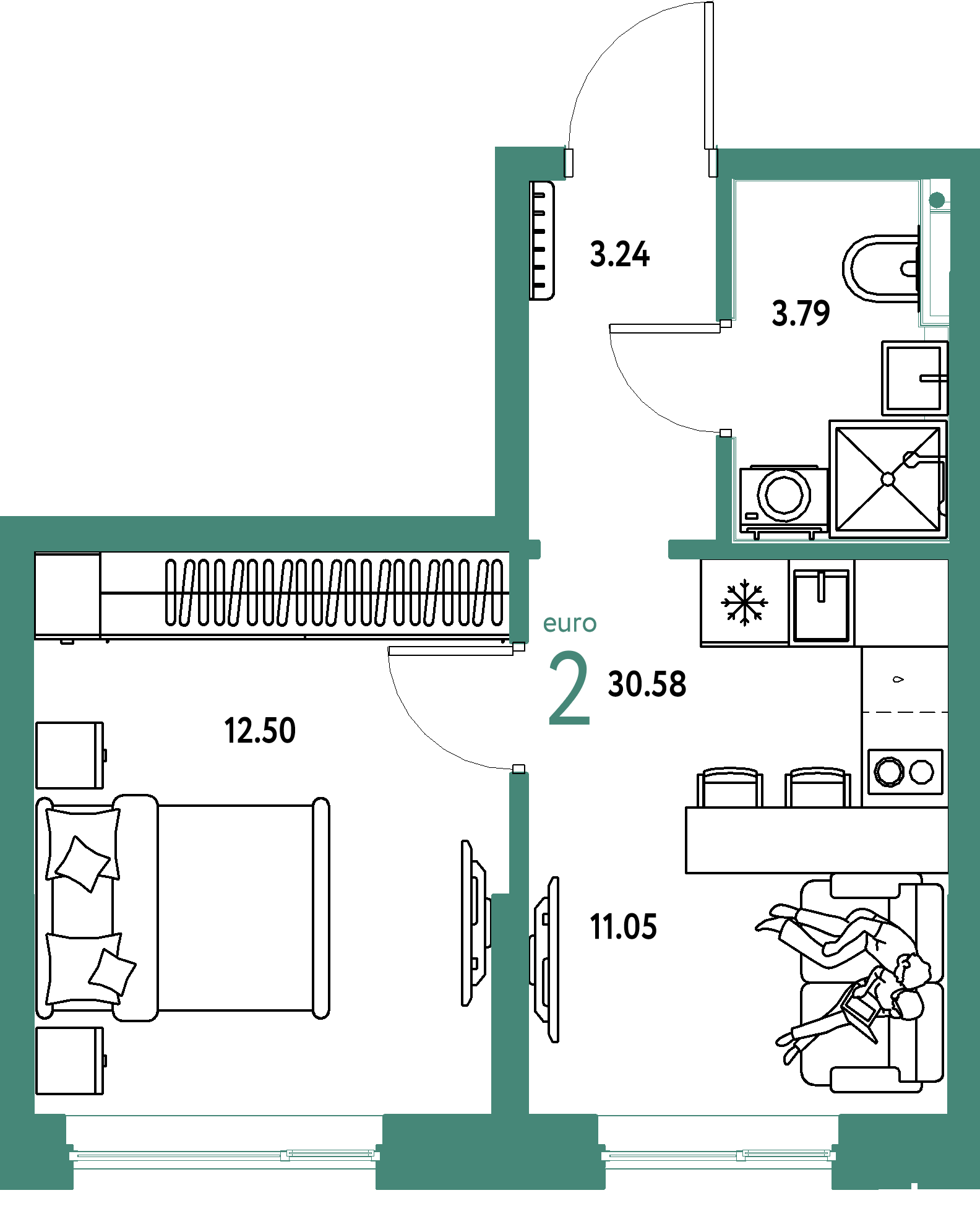 Планировка: 1-комнатная 30.6 м² в ЖК Остров-сад, ДОК