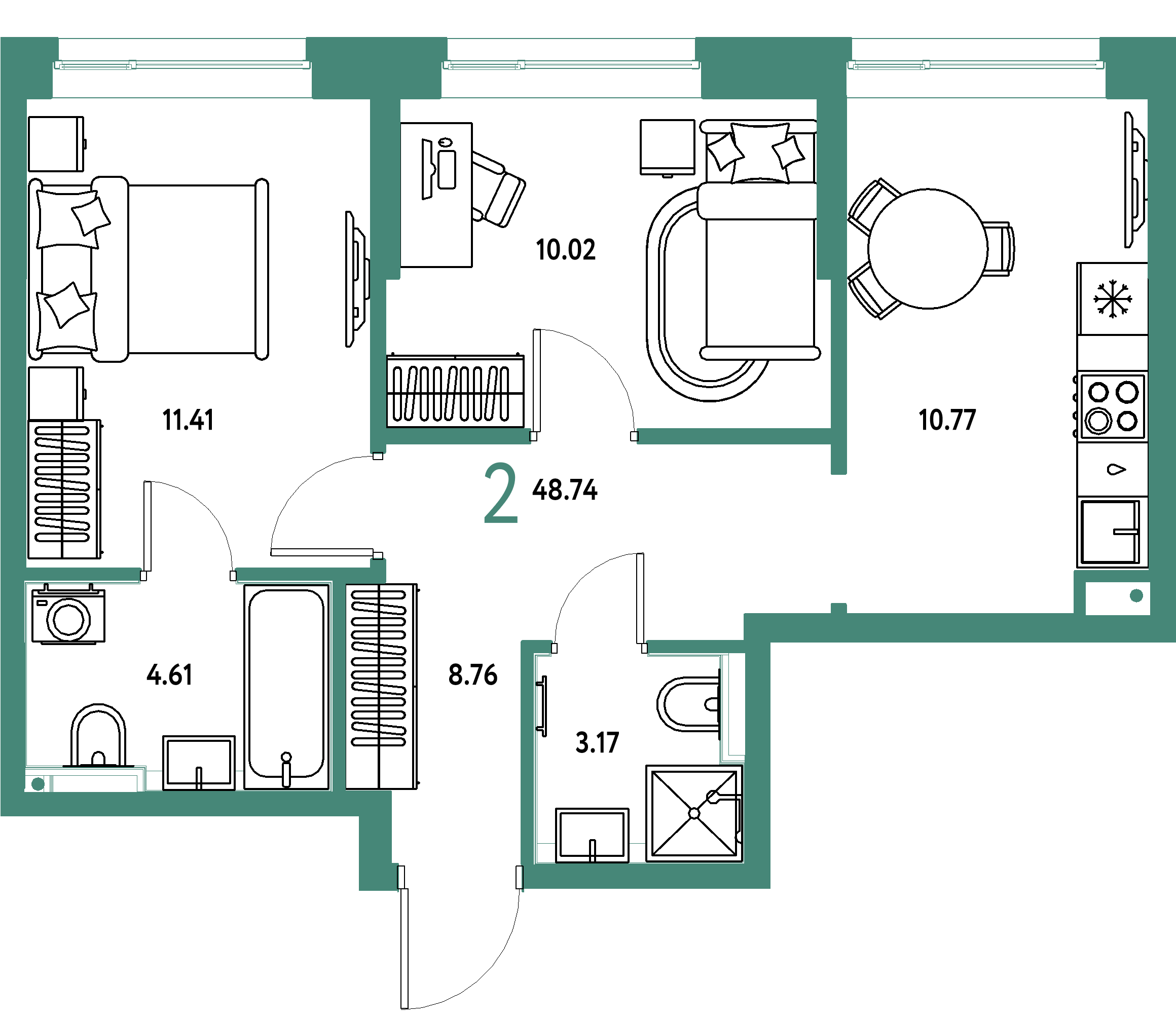 ЖК "Остров-сад"-2-комнатная 48.74 м²
