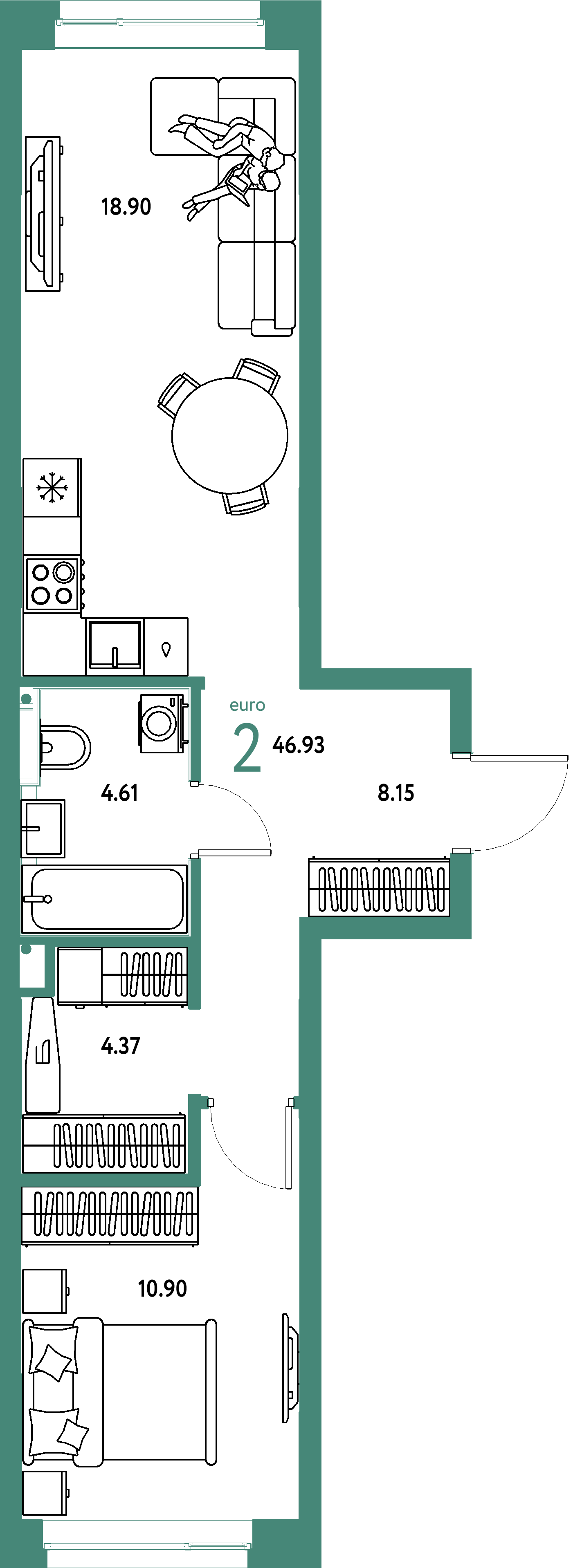 ЖК "Остров-сад"-2-комнатная 46.93 м²