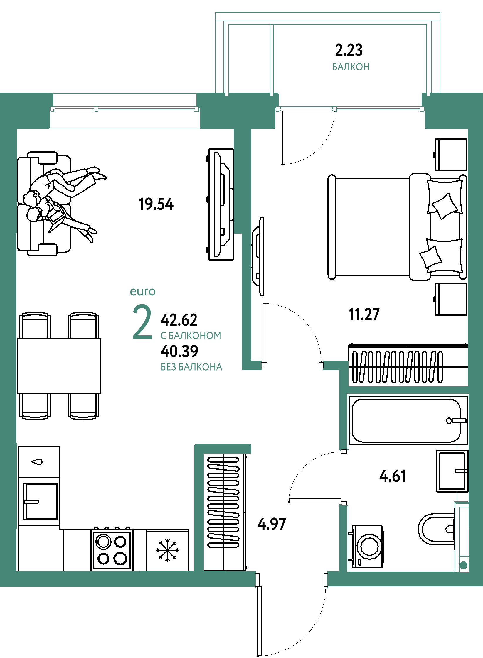 Планировка: Евродвушка 42.6 м² в ЖК Остров-сад, ДОК