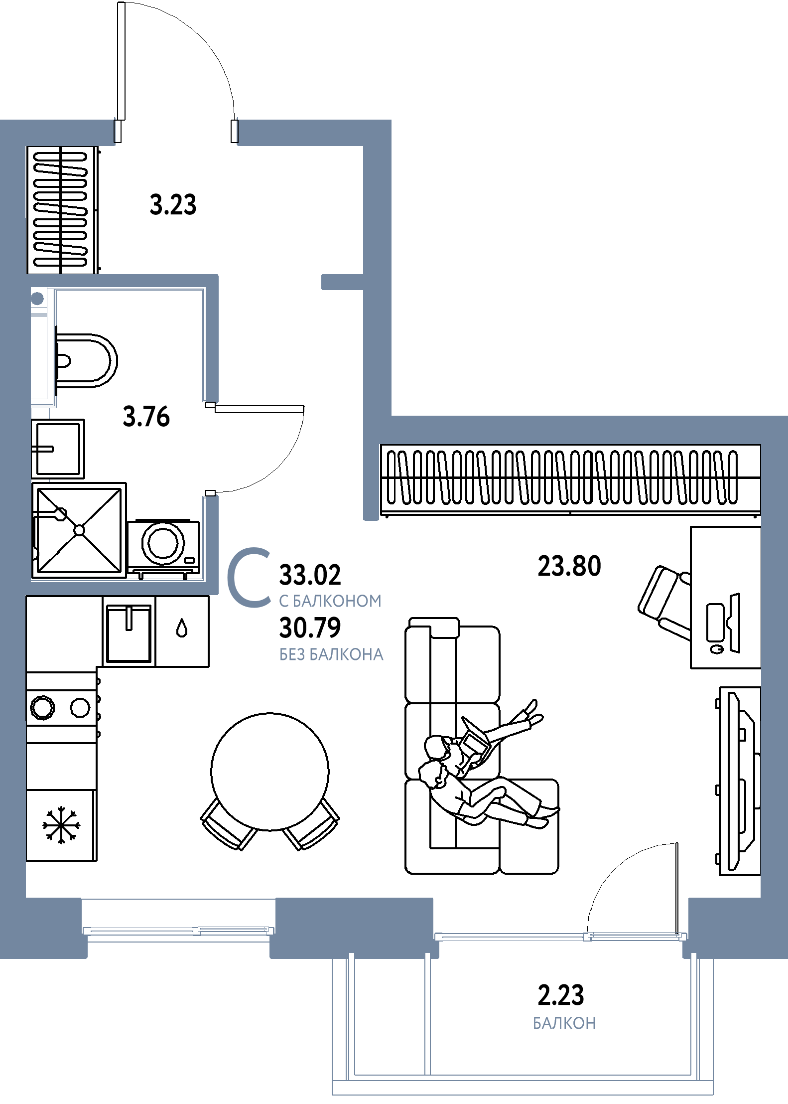 Планировка: Студия 33 м² в ЖК Остров-сад, ДОК