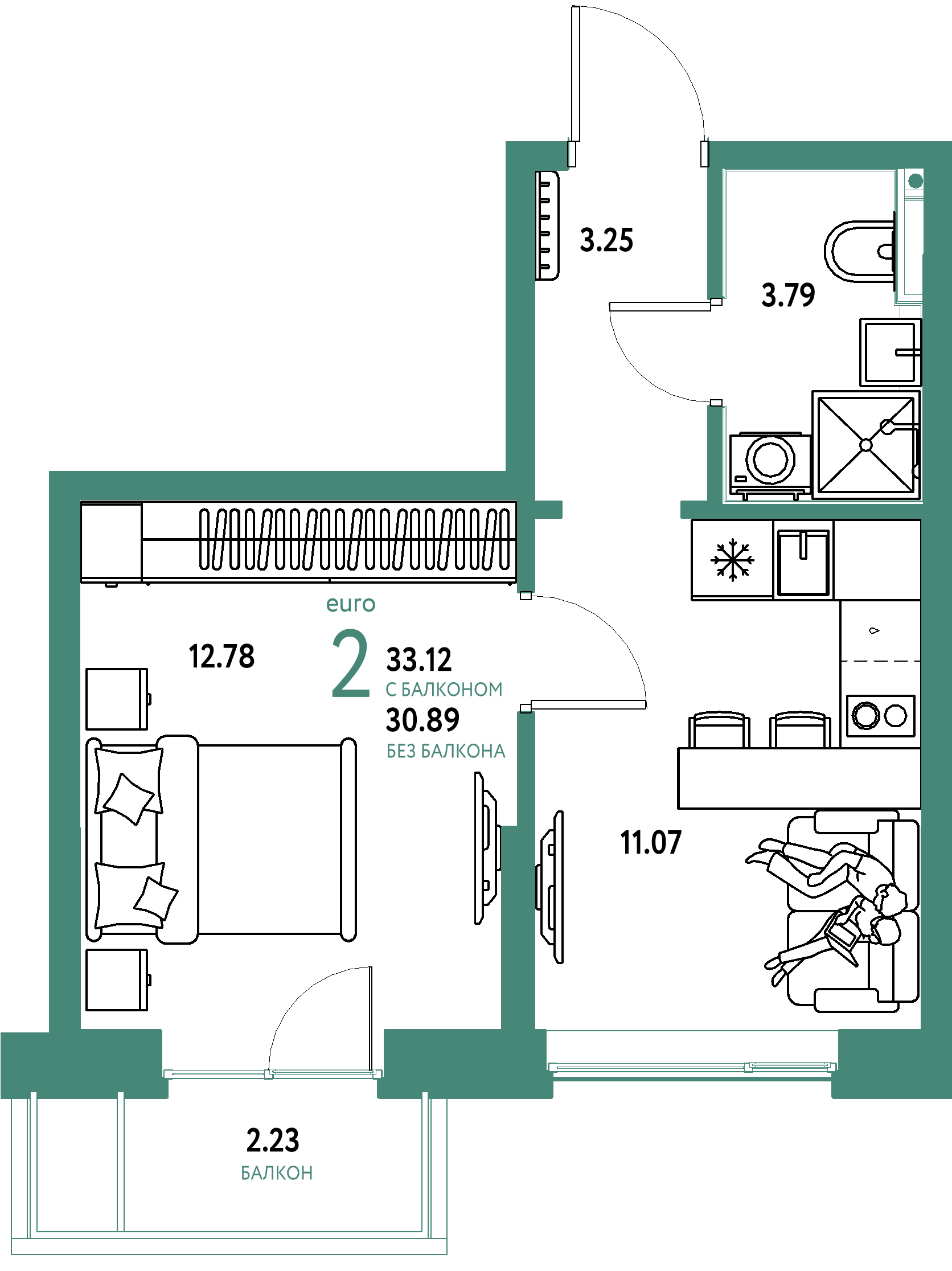 Планировка: 1-комнатная 33.1 м² в ЖК Остров-сад, ДОК