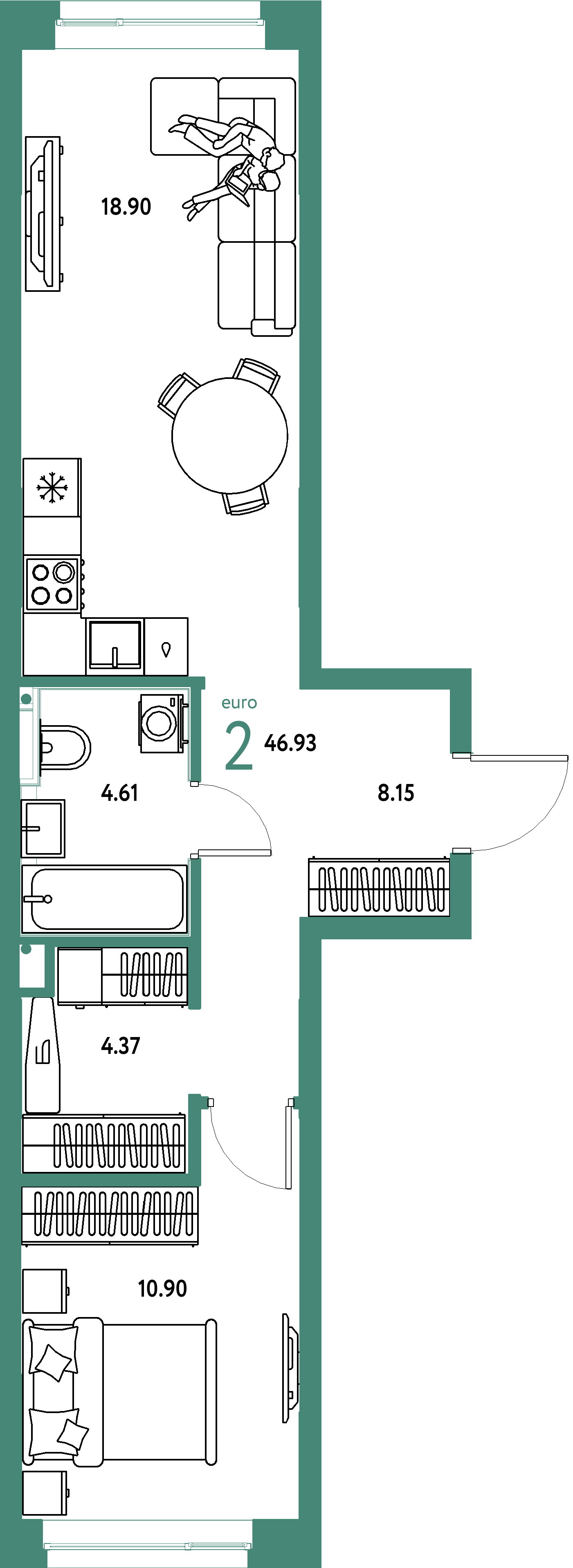 ЖК "Остров-сад"-2-комнатная 46.93 м²