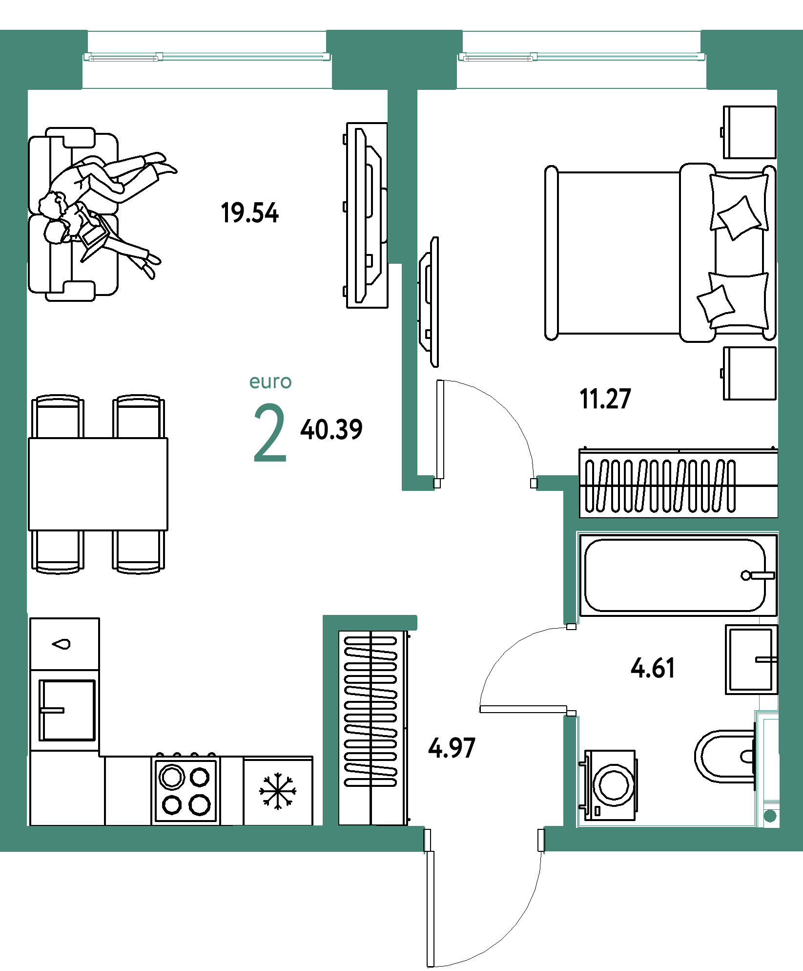 Планировка: Евродвушка 40.4 м² в ЖК Остров-сад, ДОК