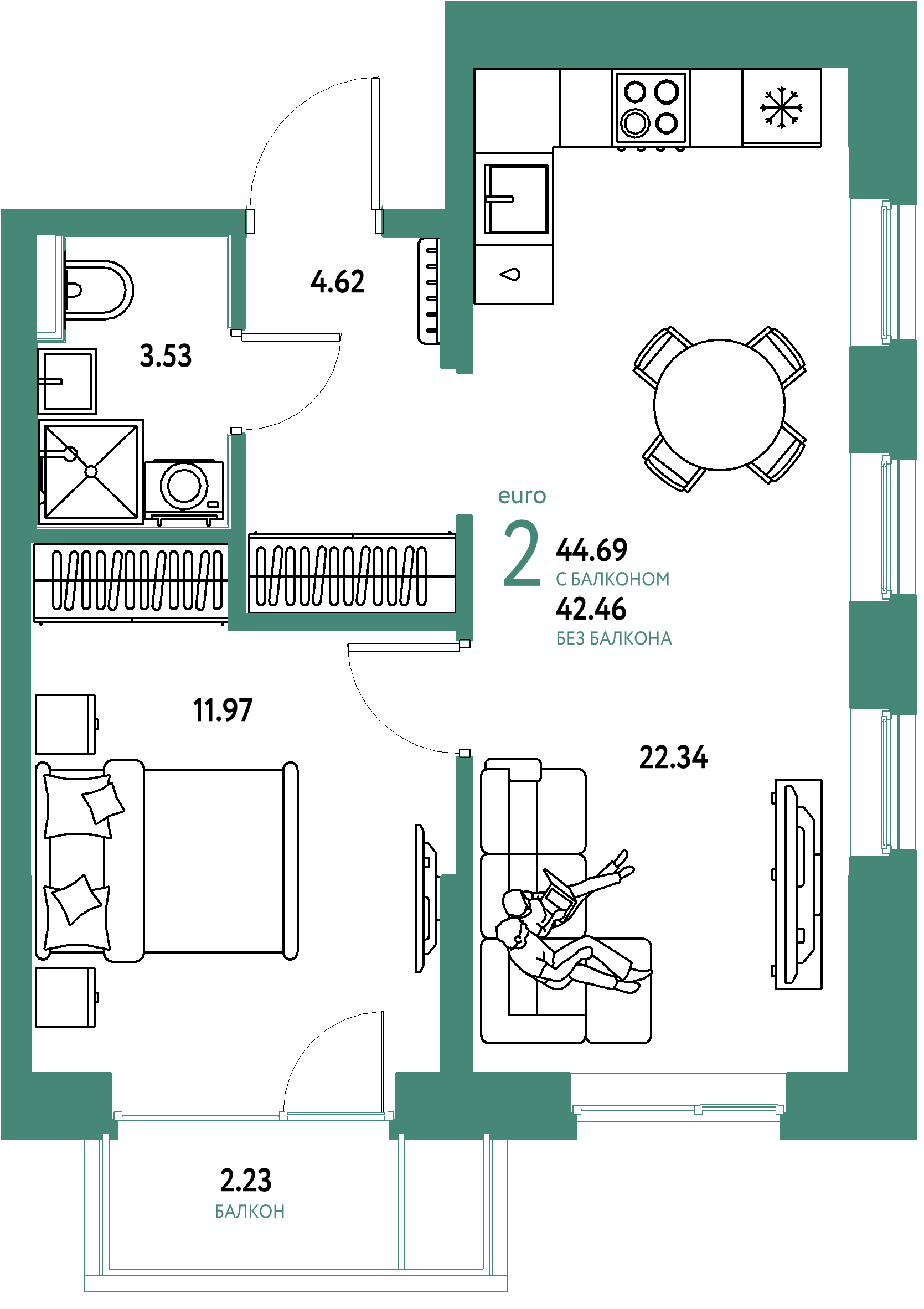 ЖК "Остров-сад"-2-комнатная 44.69 м²