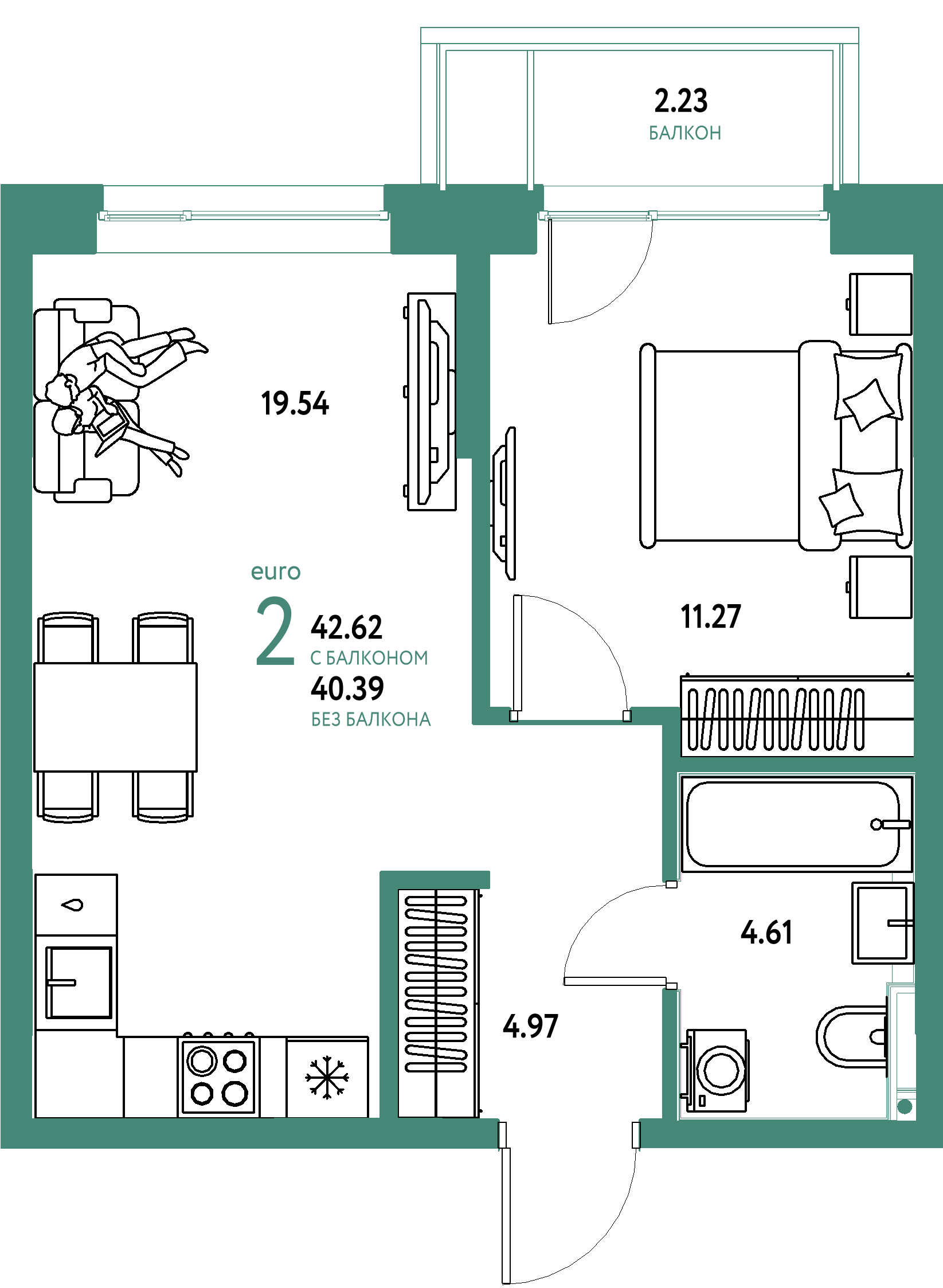 ЖК "Остров-сад"-2-комнатная 42.62 м²